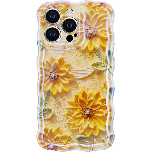 Inber for iPhone 11 Pro Max Case for Women and Girls - Retro Floral Oil Painting Pattern with Curly Wave Frame - includes Screen Protector - Anti-Slip, Glossy Soft TPU Cute Phone Case - Daisy Yellow