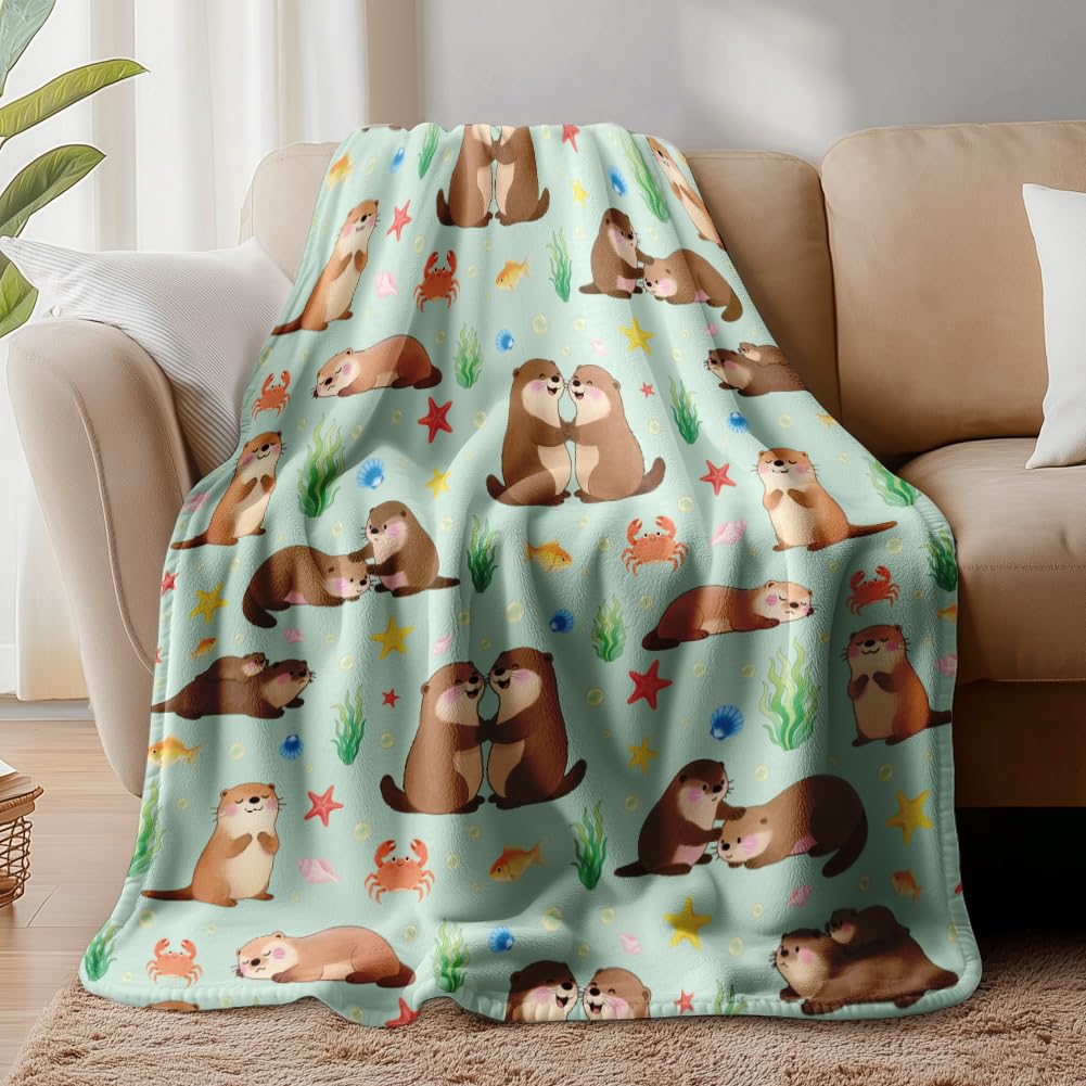 WADORN Sea Otters Throw Blanket, Cute Otter Playing Cozy Throw Blanket Fuzzy Soft Flannel Fleece Blanket for Home Office Bedroom Living Room Camping Sofa Bed Couch Chair Holiday, 51x59 Inch