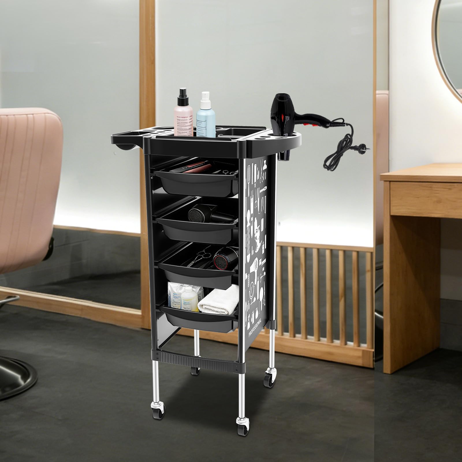 Chariot de Coiffure 5 Niveaux, Table Roulante Esthétique, Support Matériel Barbier 4 Tiroirs Noir, Plateau Pliable, 5 roulettes Silencieuses, Charge 15kg par Niveau, pour Salon Institut Domicile
