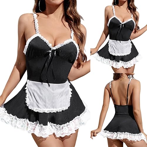Vista 2 de bawilom Women Sexy French Maid Uniform Cosplay Costume Sexy Naughty Lingerie Set Lace Trim Lolita Apron Maid Roleplay Outfit