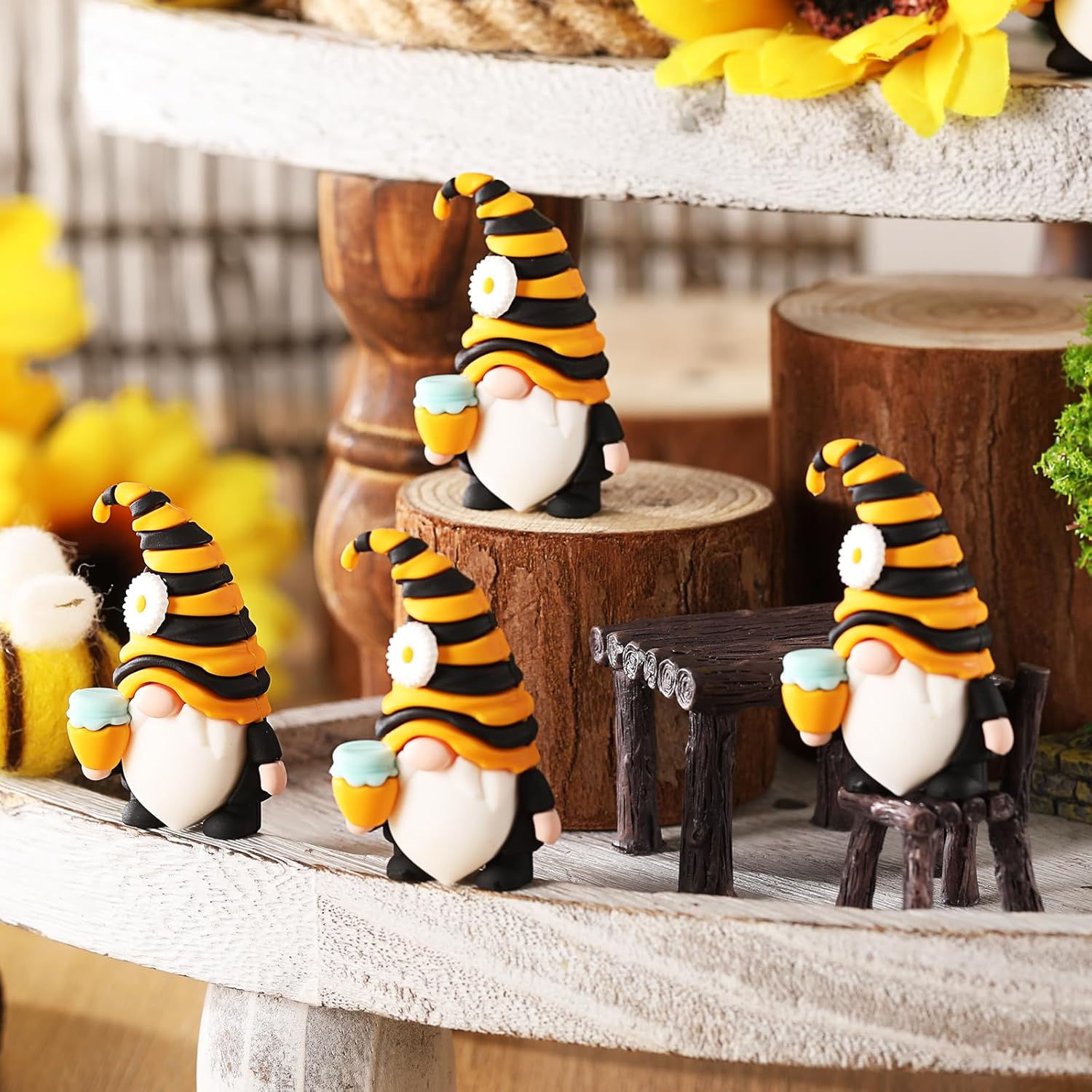 Silipull 50 Pcs Mini Bee Gnome Figurines Summer Sunflower Honey Bee Mini Gnomes for Women Mom Birthday Gifts Home Yard Lawn Garden Landscape Patio Decor Festival Themed Party Favors