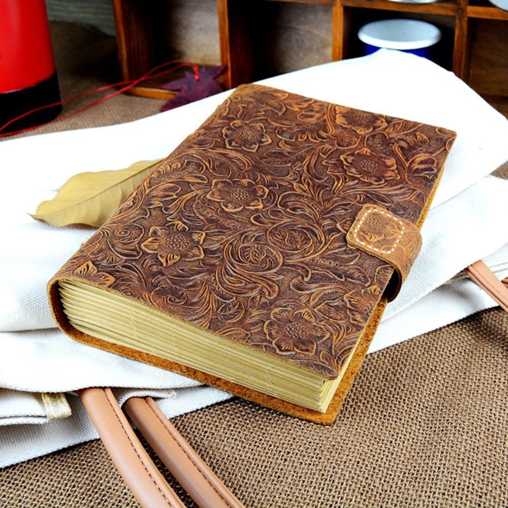 Cuaderno A5 con Flores en Relieve A5, Cuaderno de Notas de Cuero Genuino Hecho a Mano, Diario Retro, Diario de Viaje, Escuela, Oficina, Estudiante, Bloc de Notas