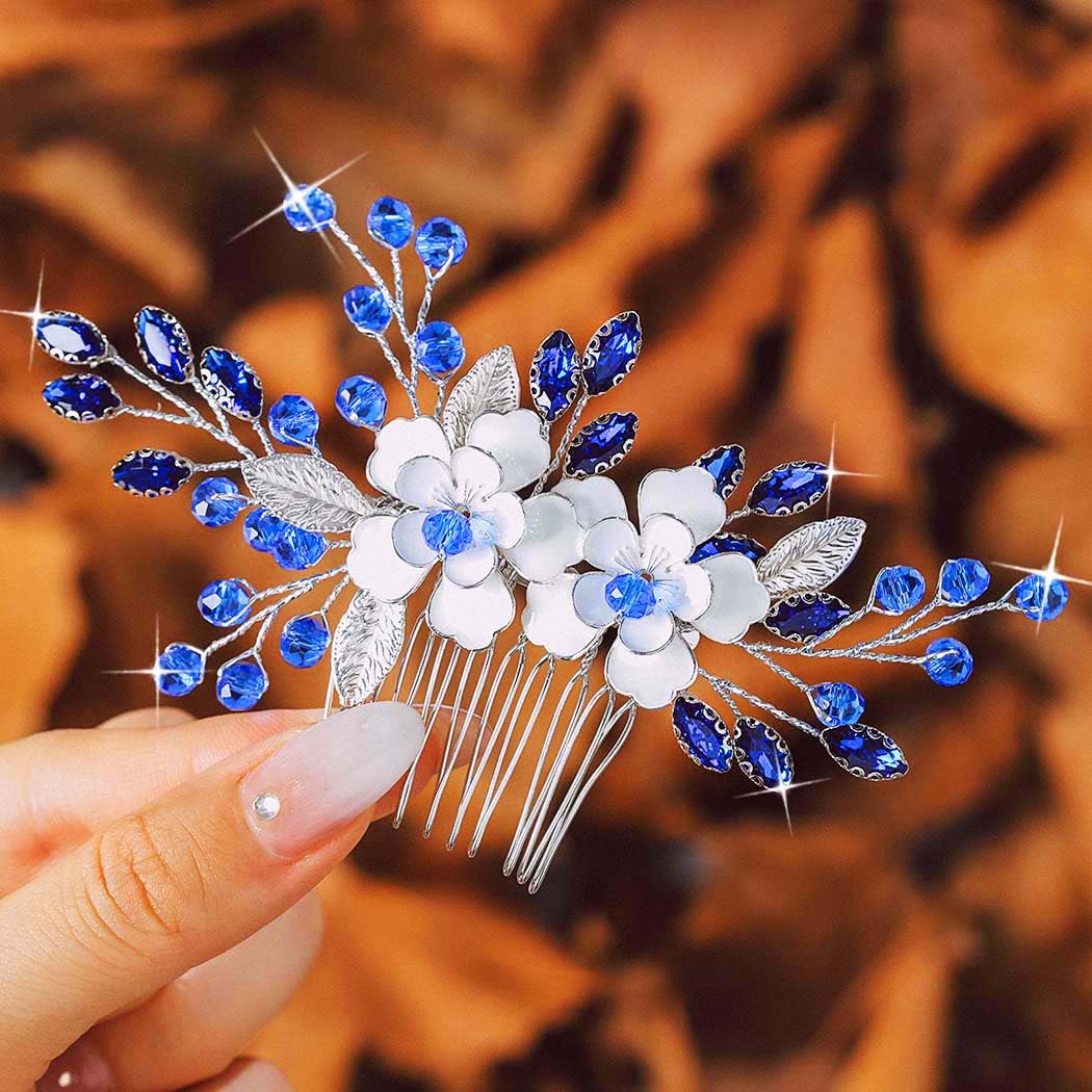 IYOU Flor Boda Peine Azul Cristal Nupcial Accesorios para el Cabello Barroco Paseo Novia Piezas de Cabello por Mujeres