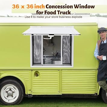 Concession Window, 36 x 36 inch Aluminum Alloy Food Truck Service Window with 4 Screens, Awning and Drag Hook, Concession Stand Serving Window for Food Trucks