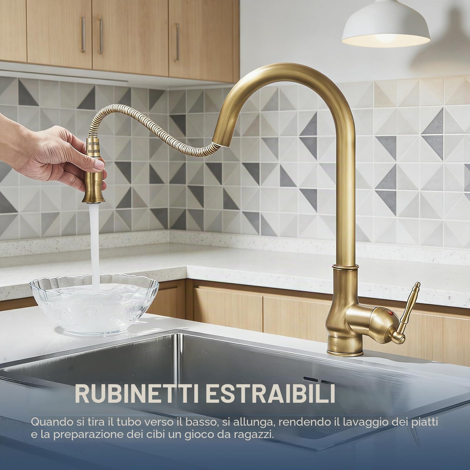 Rubinetto da Cucina in Ottone Antico Stile Retro, Miscelatore da Cucina con Doccetta Estraibile, Girevole a 360°, Monocomando con Funzione Spruzzo per Cucina