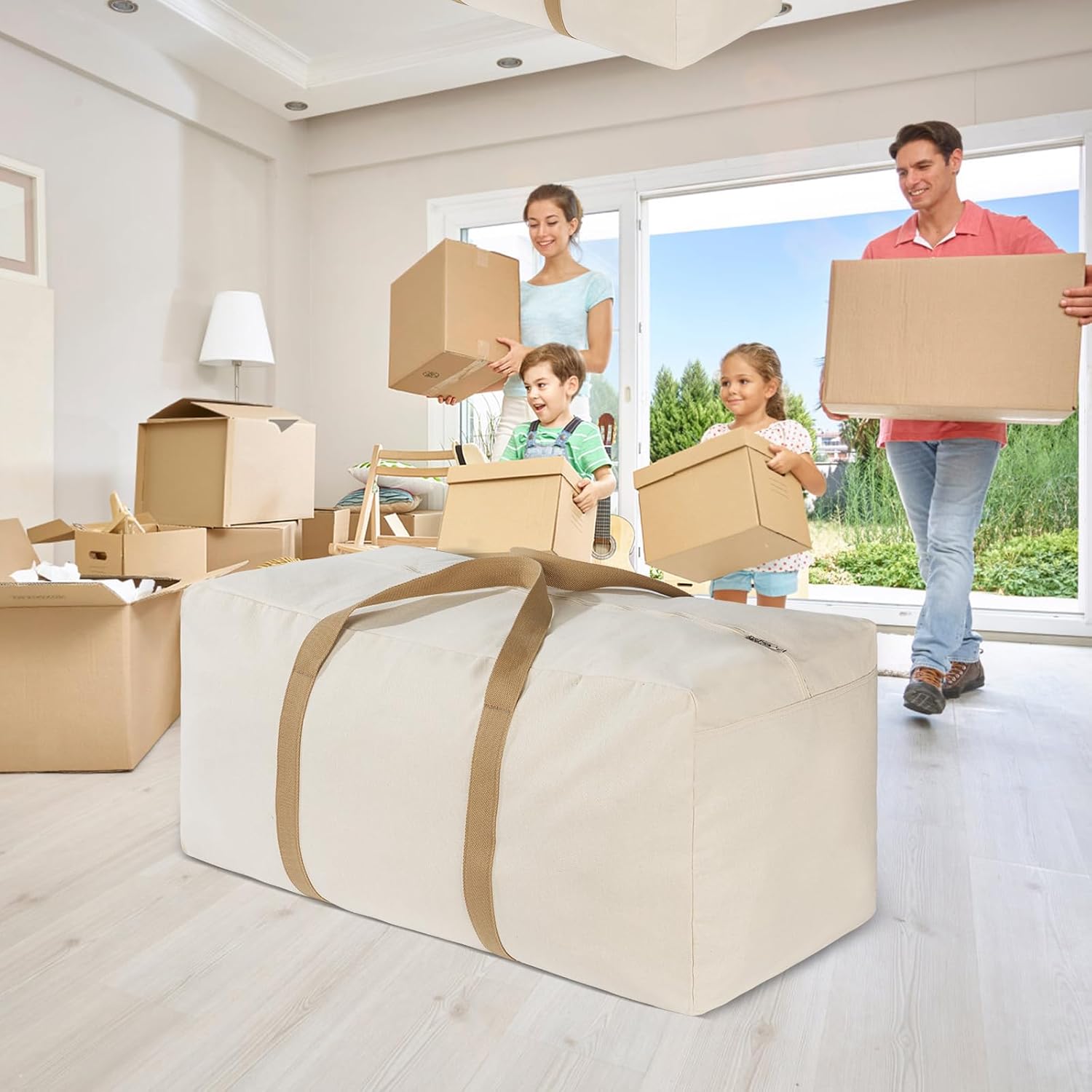 Canvas Storage Duffle Bag, Large Capacity Moving Bag with Tan Handles, Washable and Reusable (2, BEIGE, 31''x15''x15'')