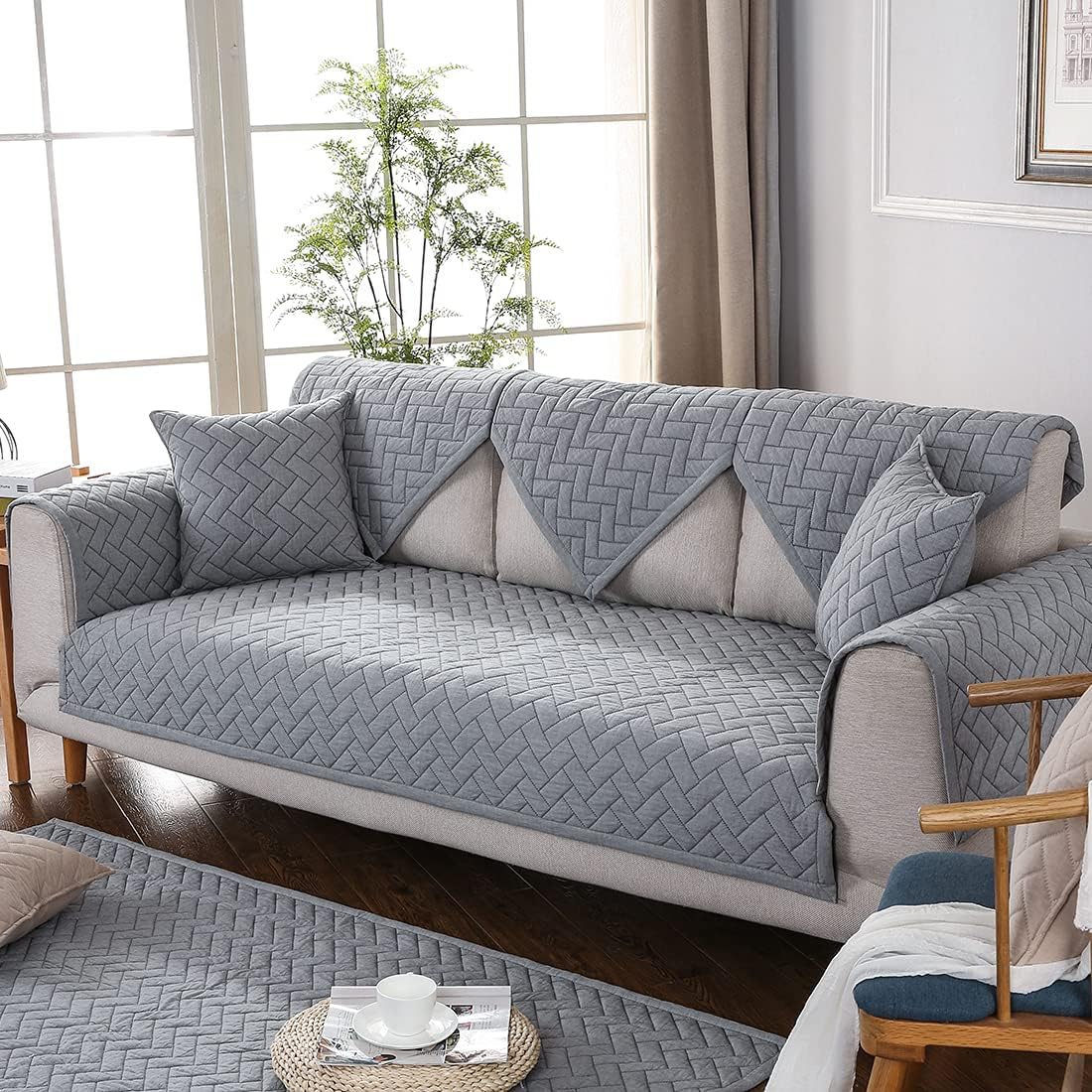 vctops Rustic Solid Color Cotton Quilted Sofa/Couch Cover Non-Slip Sectional Couch Cover Washable Furniture Protector Cover for Pets Kids Children Dog Cat (Khaki,43"x94")