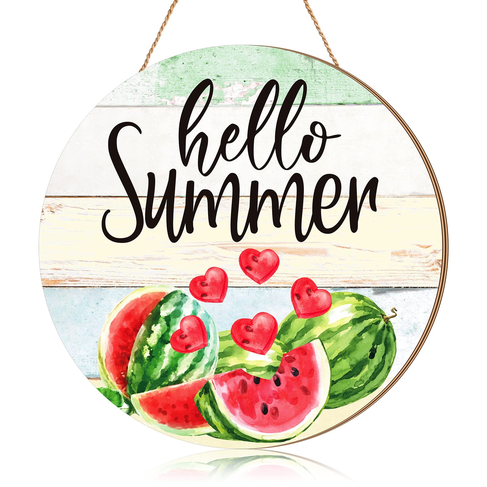 Ferraycle Hello Summer Door Sign 11.8" Farmhouse Watermelon Wooden Door Hanger Welcome Summer Hanging Sign for Home Wall Porch Kitchen Office Wall
