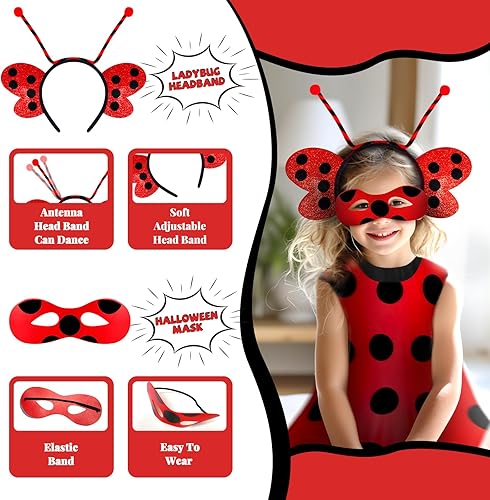 Miniatura 5 de INNOCHEER Disfraz de mariquita para niñas, disfraz de mariquita para niños, Halloween, cumpleaños, disfraz, juego de simulación para niños de 3 a 10