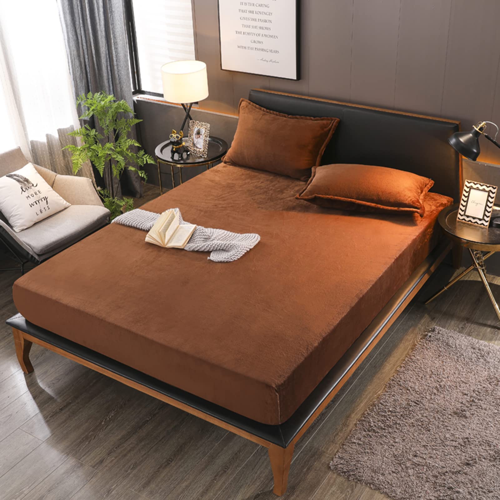 Flannel Fitted Sheet Full Size,Velvet Fitted Sheet Plush Shaggy Ultra Soft Fuzzy Sheet with 15''Deep Pocket,Coffee,1 Pack(Not Include Pillowcases)