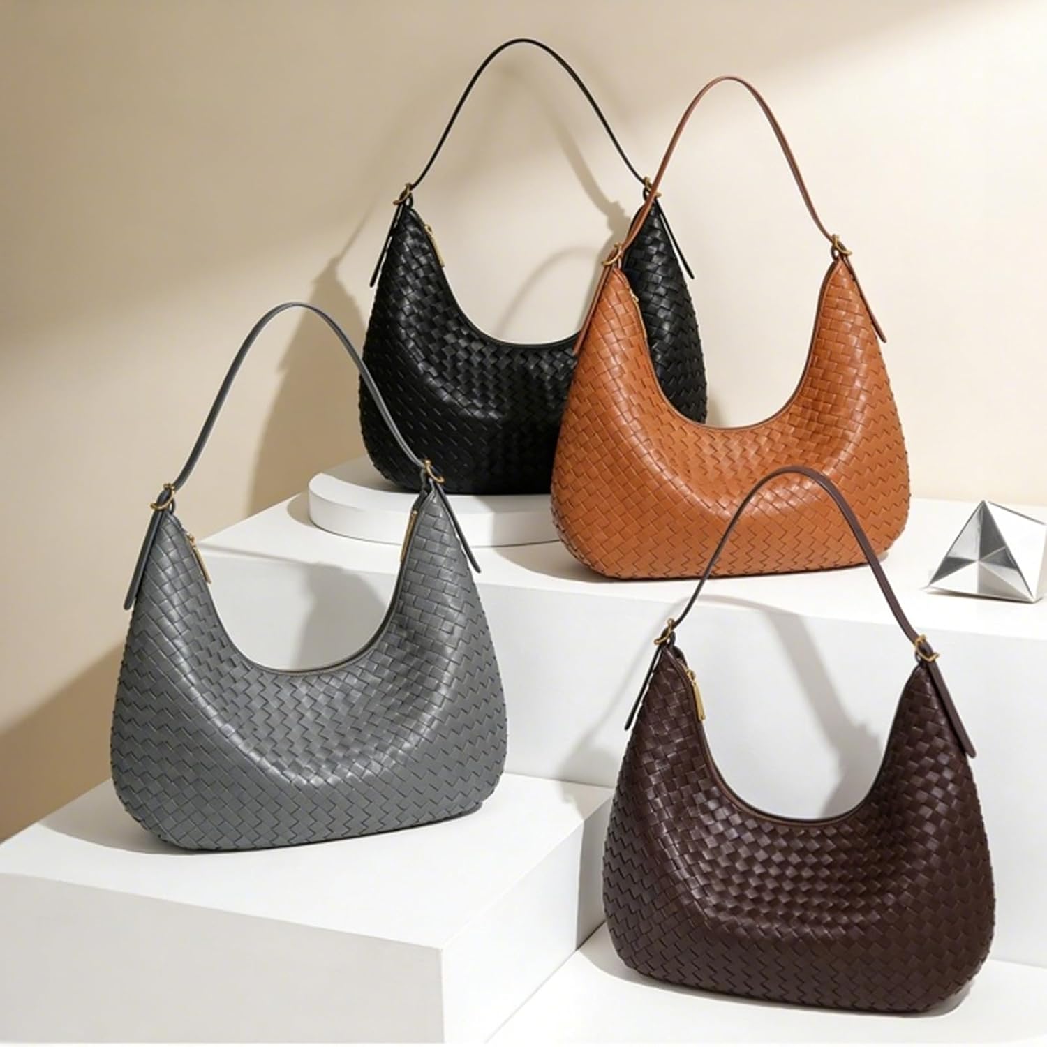 Shoulder Handbag for Women - Woven Hobo Bag Large Vegan Leather Purse Crescent Bag for Work Travel & Daily Use