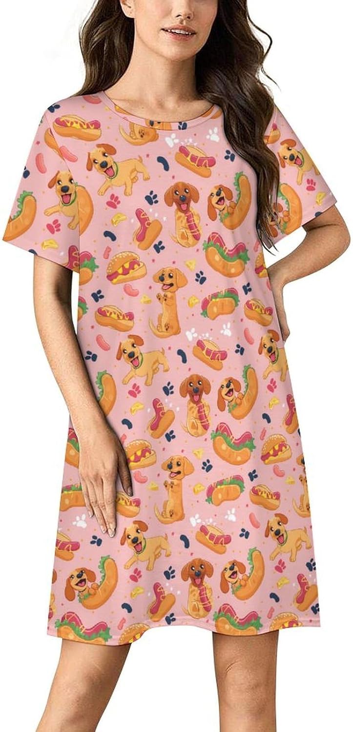 Hot Dogs Dachshund Paws Women's Nightgown Short Sleeve Sleep Shirt Casual Sleepwear Night Gowns Sleepdress