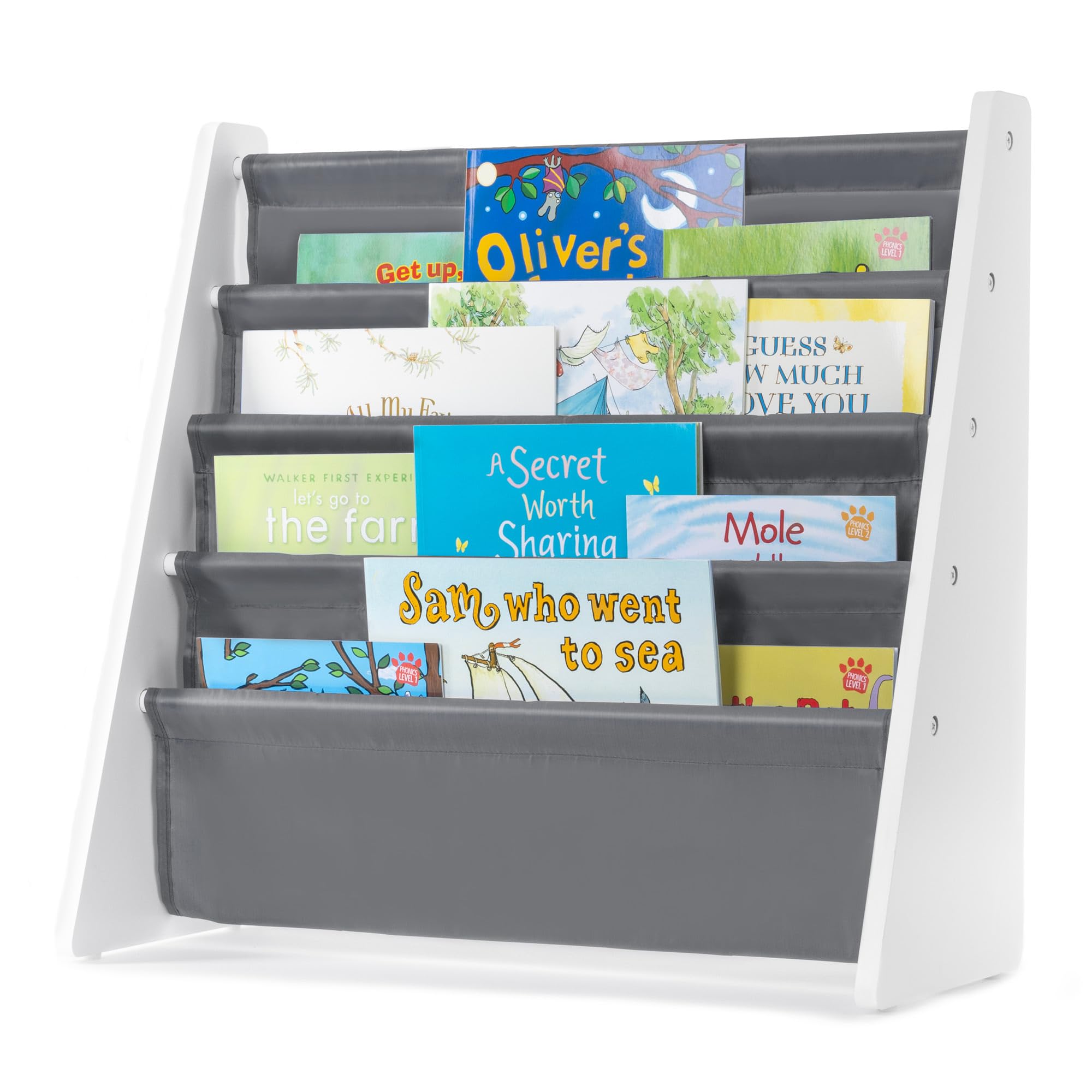 LIVIVO Colorful Kids Bookshelf - 4 Tier Children's Bookcase, Magazine and Book Storage Rack, Wooden Sling Book Organizer, Book Shelf for Kids Room, Bedroom, Nursery, Playroom (Grey)