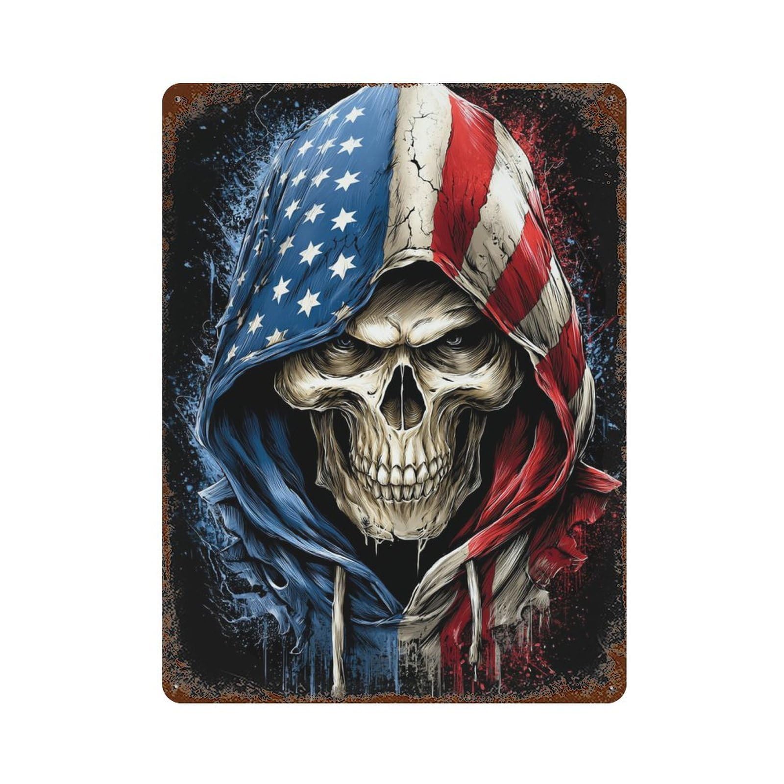 American Flag Grim Reaper Hoodie Rustic Tin Plaque 15.7"x11.8", Ideal for Office, Studio And Wall Decor