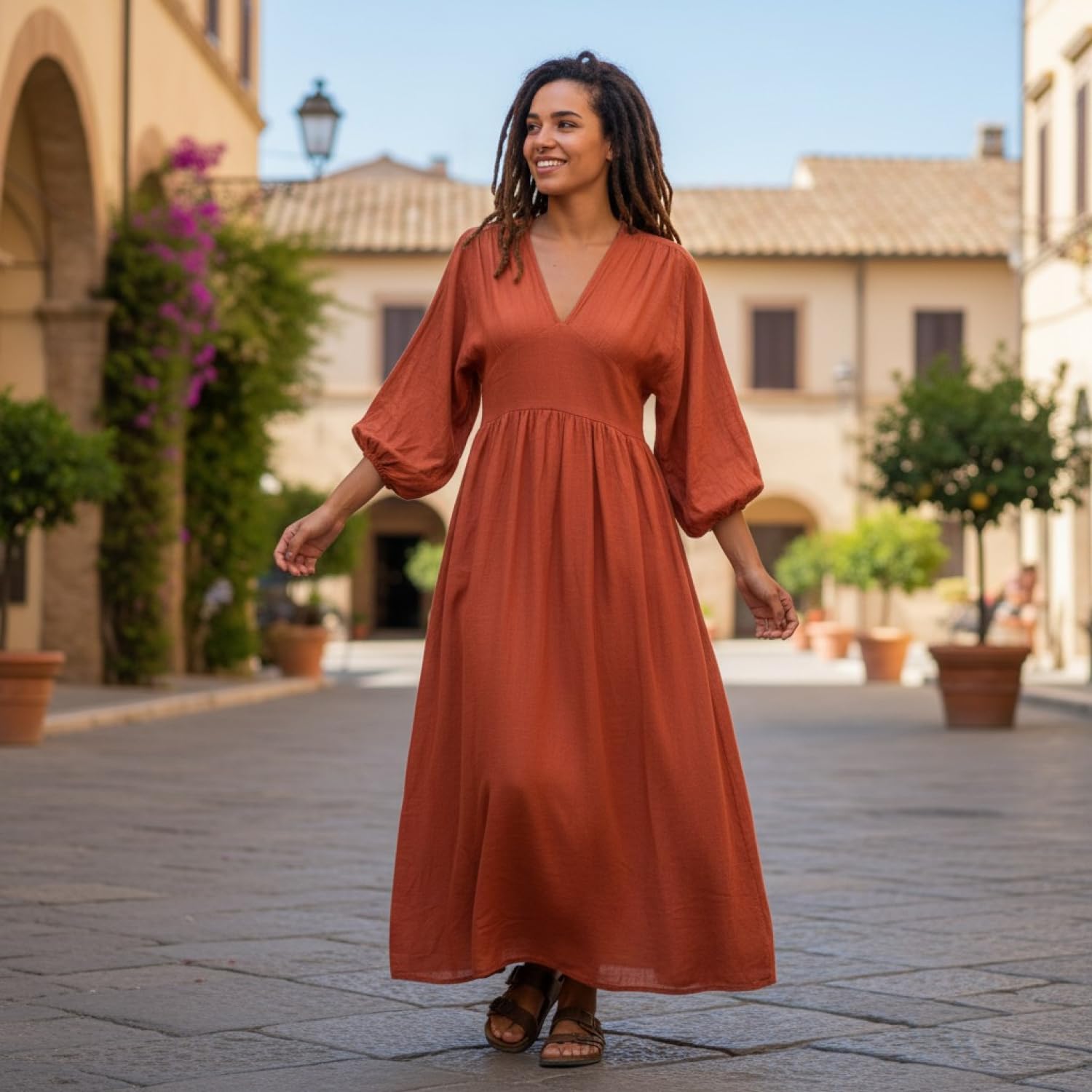 GURU SHOP Letnia sukienka w stylu boho, przewiewna sukienka z długim rękawem, bawełniana sukienka z głębokim dekoltem, damska bawełna