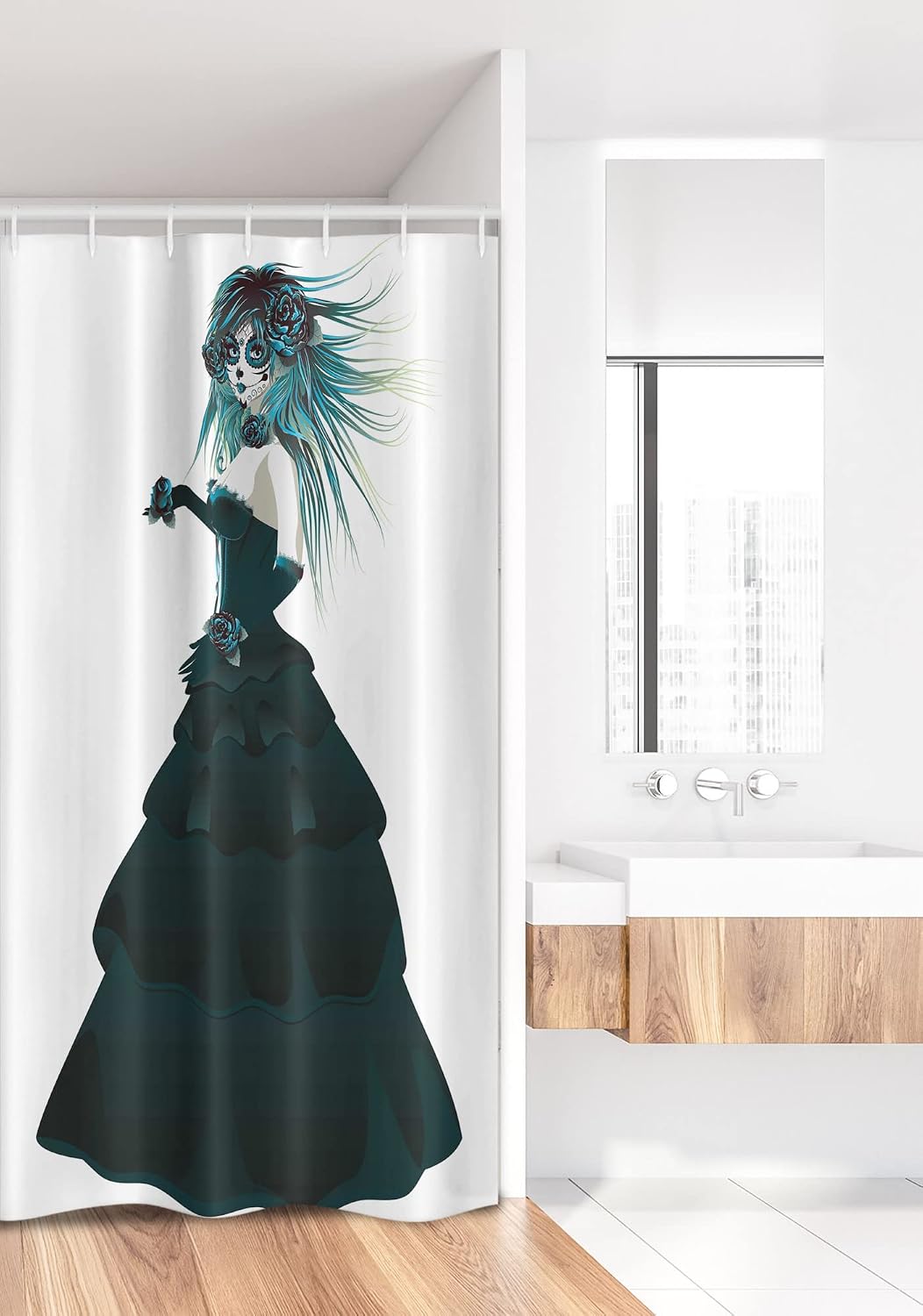 Ambesonne Ethnic Stall Shower Curtain, Sugar Skull Girl with Prom Dress Roses in Hand Gothic Halloween Lady Zombie Vampire, Fabric Bathroom Decor Set with Hooks, 36" W x 72" L, White Teal