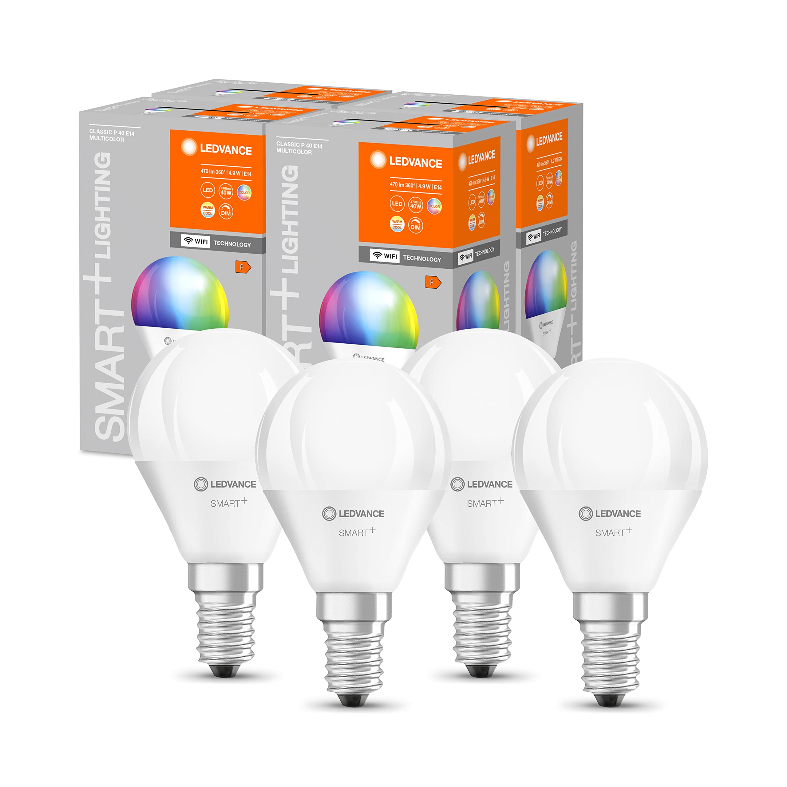 LEDVANCE LEDVANCE Lámpara LED inteligente con tecnología WiFi, enchufe E14, regulable, color de luz cambiante(2700-6500K), colores RGB cambiables, reemplazo de 40W,SMART+ WiFi Mini Bulb Multicolor,paquete de 4