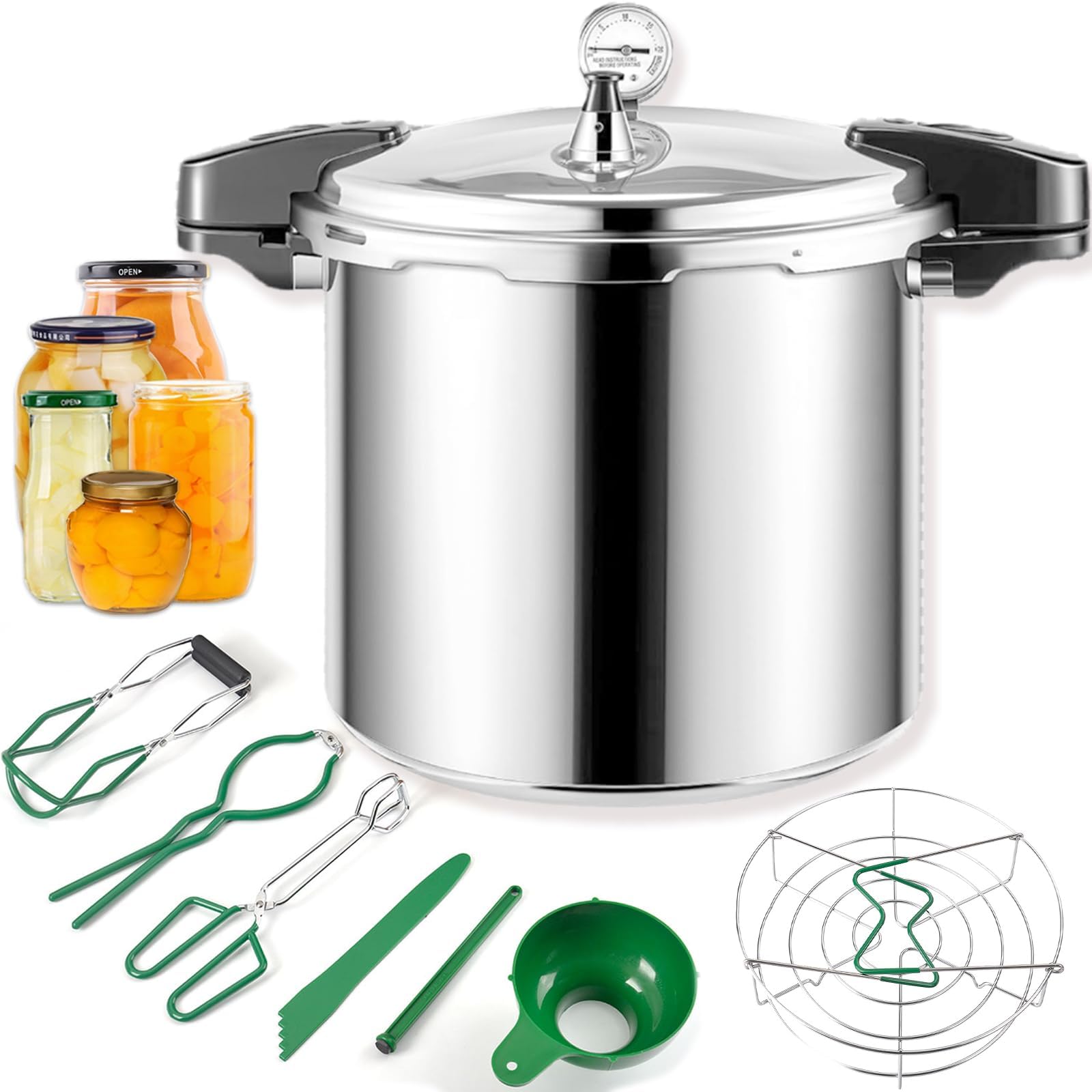 - 24qt pressure canner and canning pressure cooker with gauge,14.5PSI,practical 7pc Canning Supplies Starter Set,compatibility gas and induction cooktops, pressure cooker for canning (GREEN)