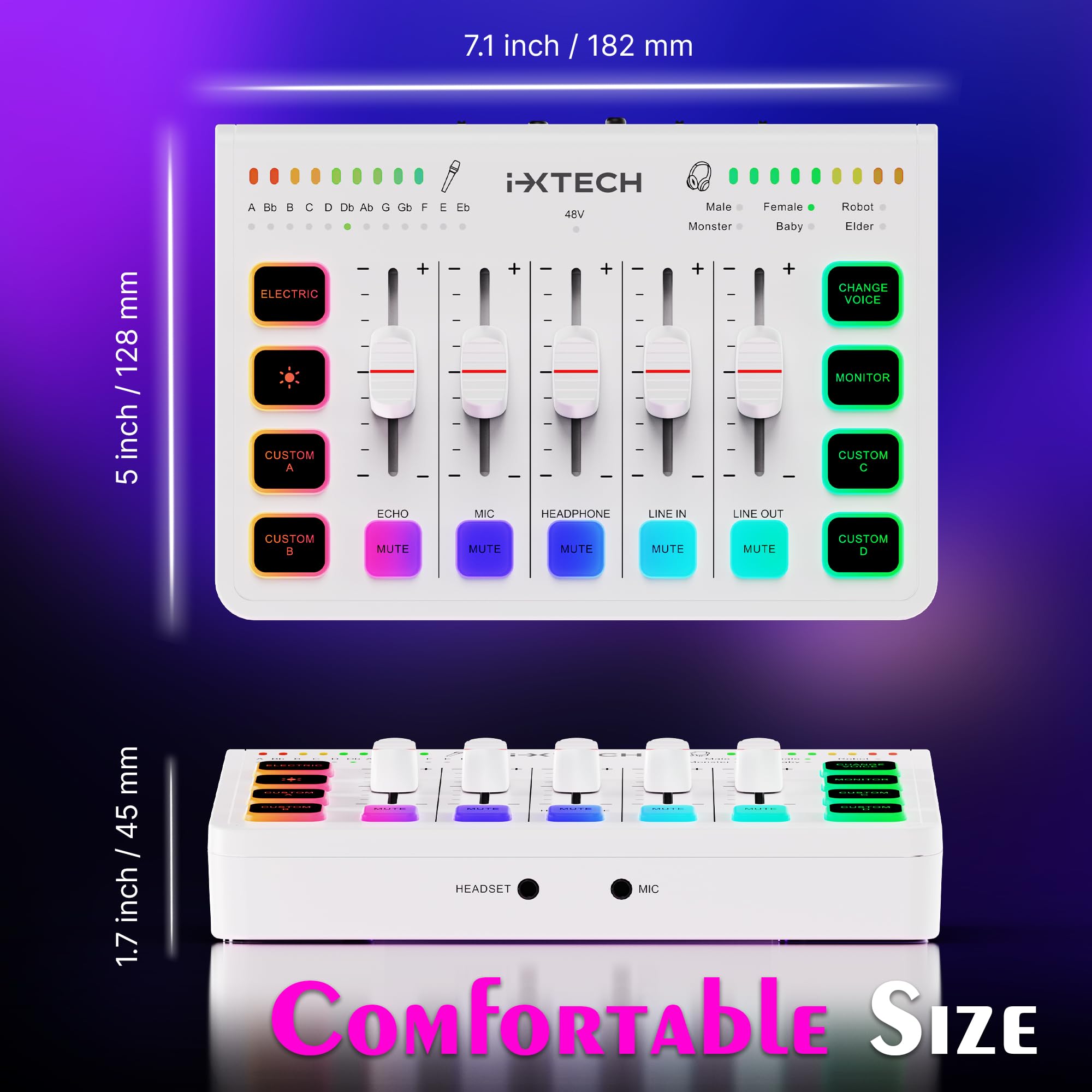 IXTECH Mezclador de audio para juegos de 4 canales, interfaz de audio RGB para PC con soporte de micrófono XLR, ecualizador de audio para juegos, podcast, streaming, karaoke, controles de volumen