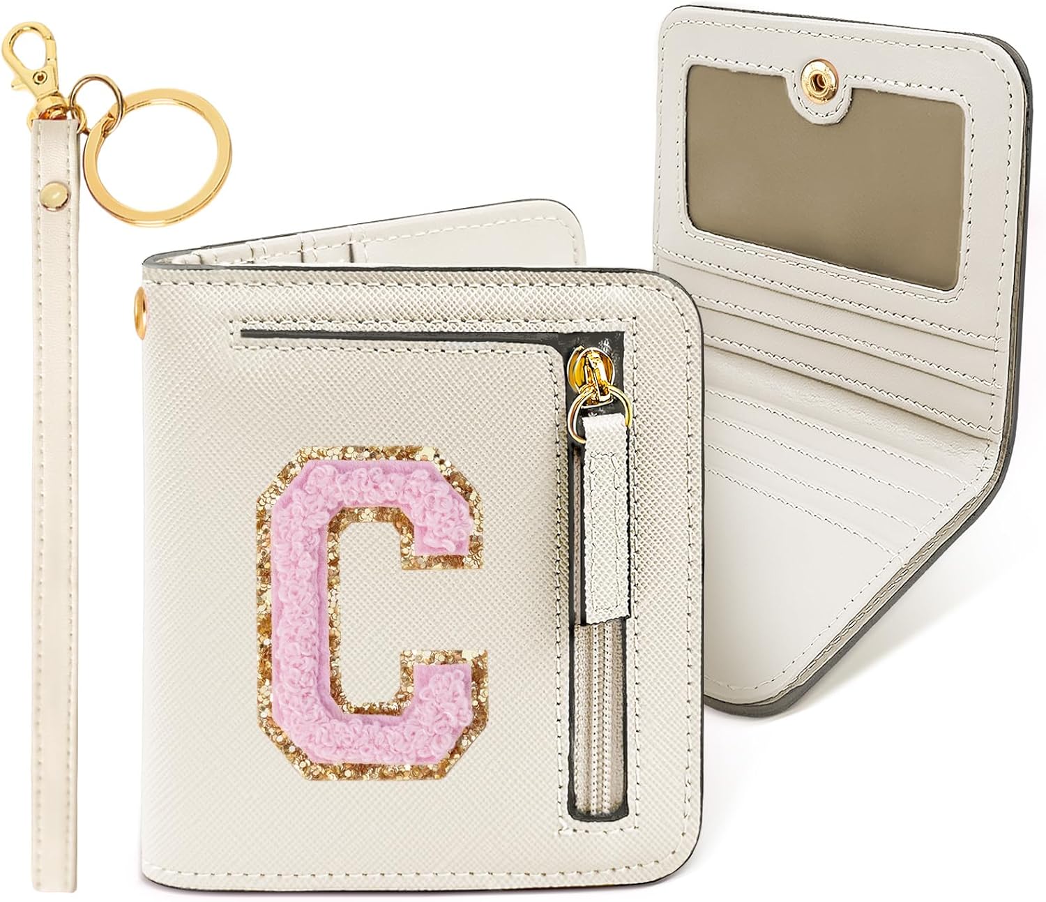 COSHAYSOO Small Girls Women Wallet RFID Bifold Slim Preppy Initial Monogrammed Everyday Purse Travel Accessories Girl Trip Birthday Christmas Gifts Chenille Letter C Cream