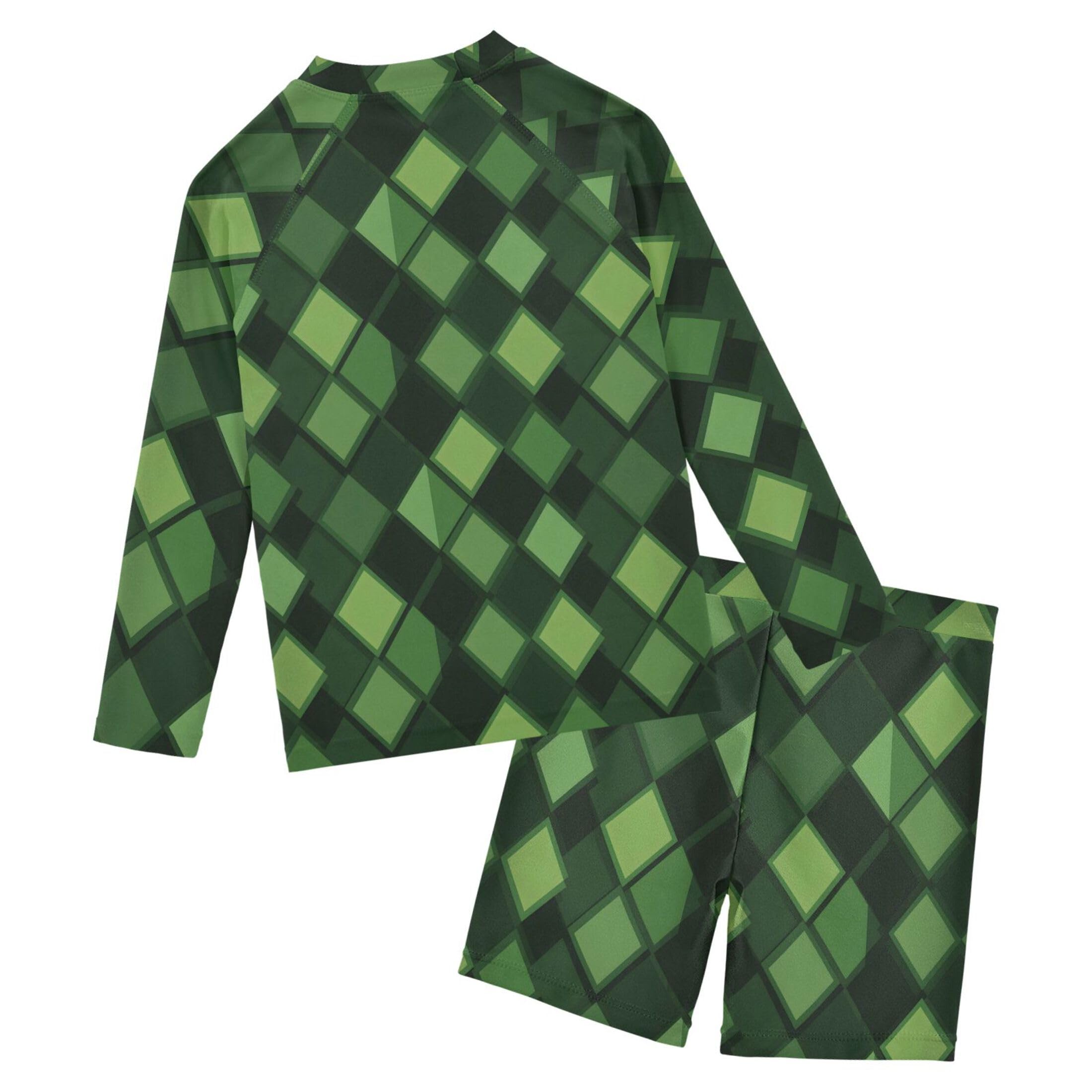 Green Buffalo Check Plaid Baby Boys' Toddler Long Sleeved Rashguard Swim Bathing Suit Set B0403691