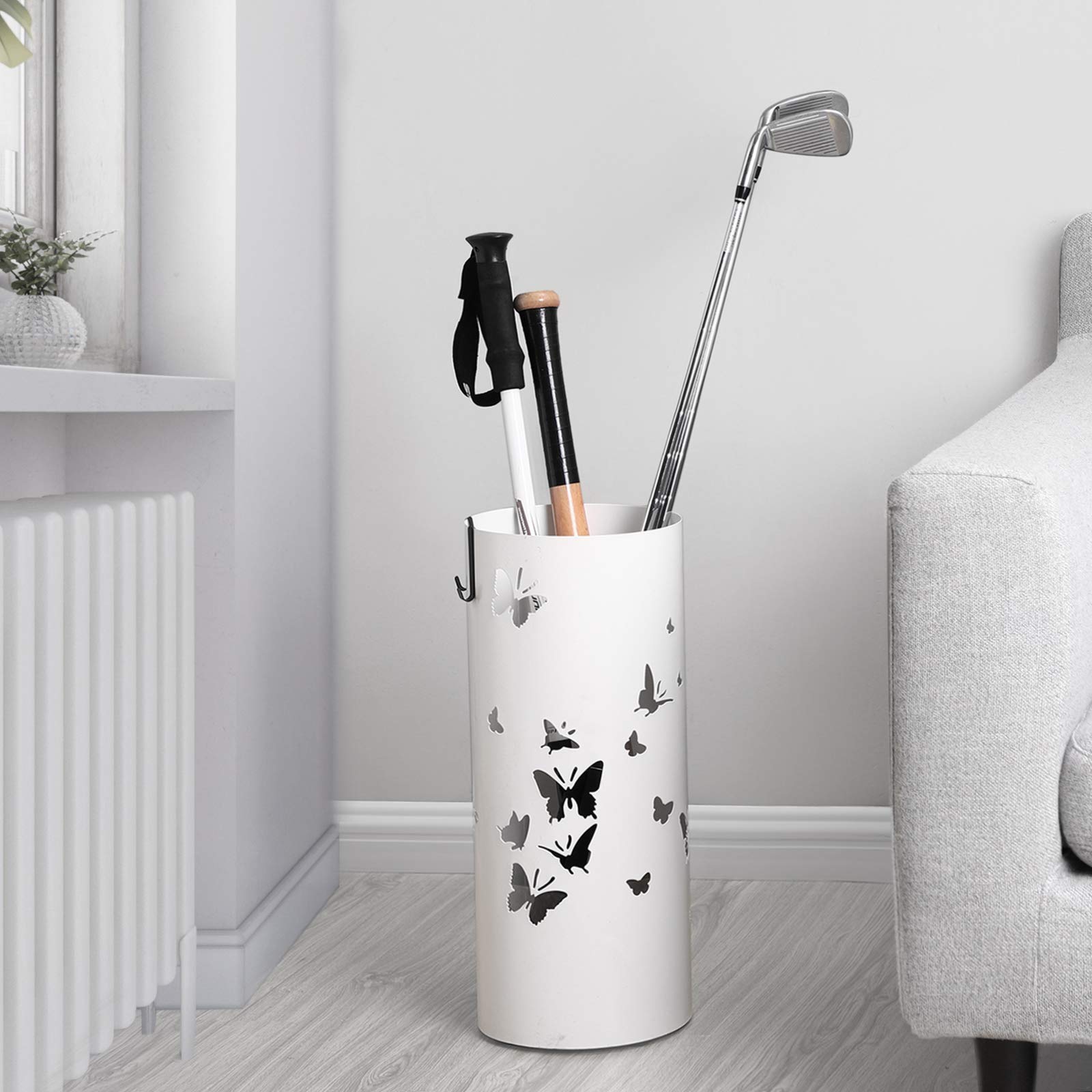 SONGMICS Porta Ombrelli in Metallo, Portaombrelli Rotondo, con Gancini e Vaschetta Scolapioggia Rimovibile, Ø19,5 x 49 cm, Bianco LUC10W