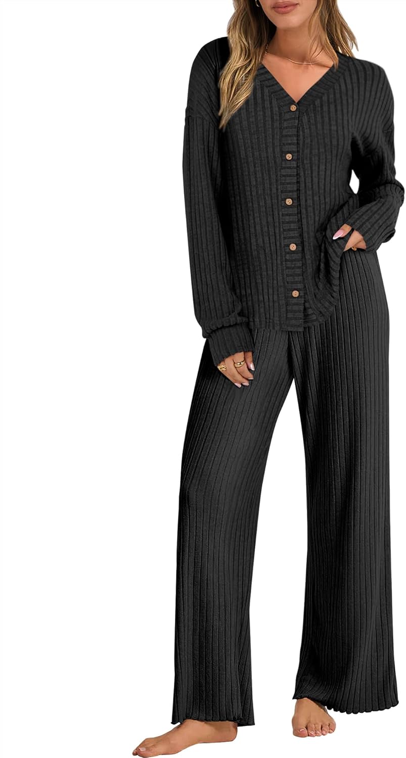 ANRABESS Women's 2 Piece Lounge Pajama Sets Ribbed Long Sleeve Button Top Matching Pants Sleepwear PJ Set 2025 Fall Outfits