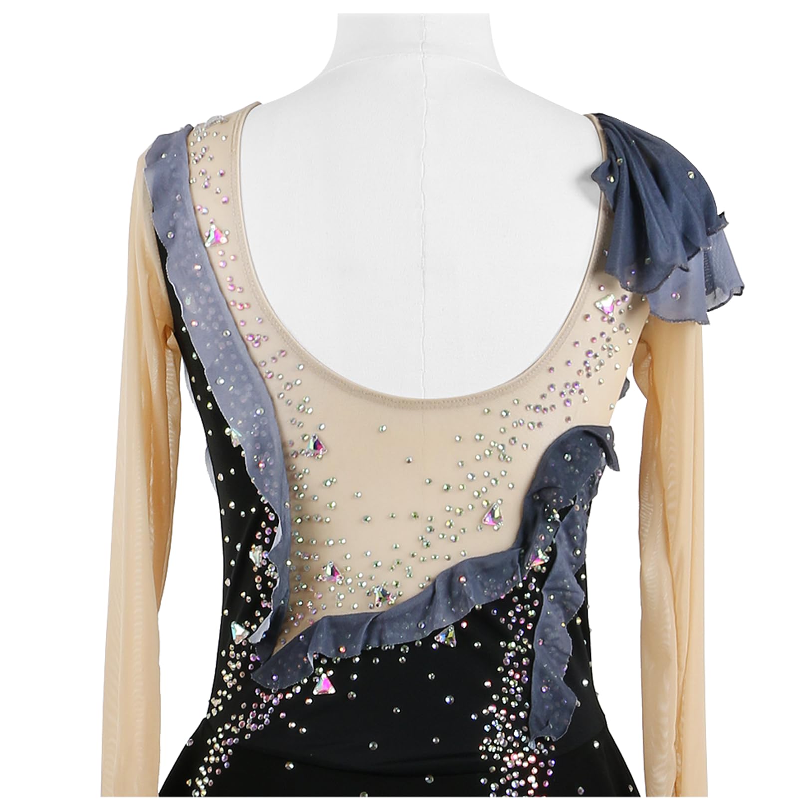 Vestido Patinaje Artístico Mujer Negra Manga Larga/Sin Mangas Pedrería Hecha a Mano Maillot Competición de Niña Vestido de Baile Latino