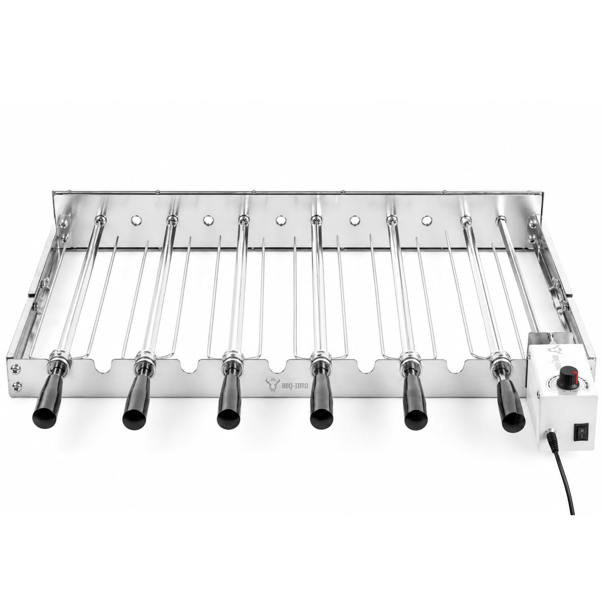 BBQ-Toro Girarrosto elettrico in acciaio inox, con 6 spiedini e motore, misura regolabile (larghezza x profondità) 70 x 26-40 cm, con spina di alimentazione e USB, per barbecue Mangal