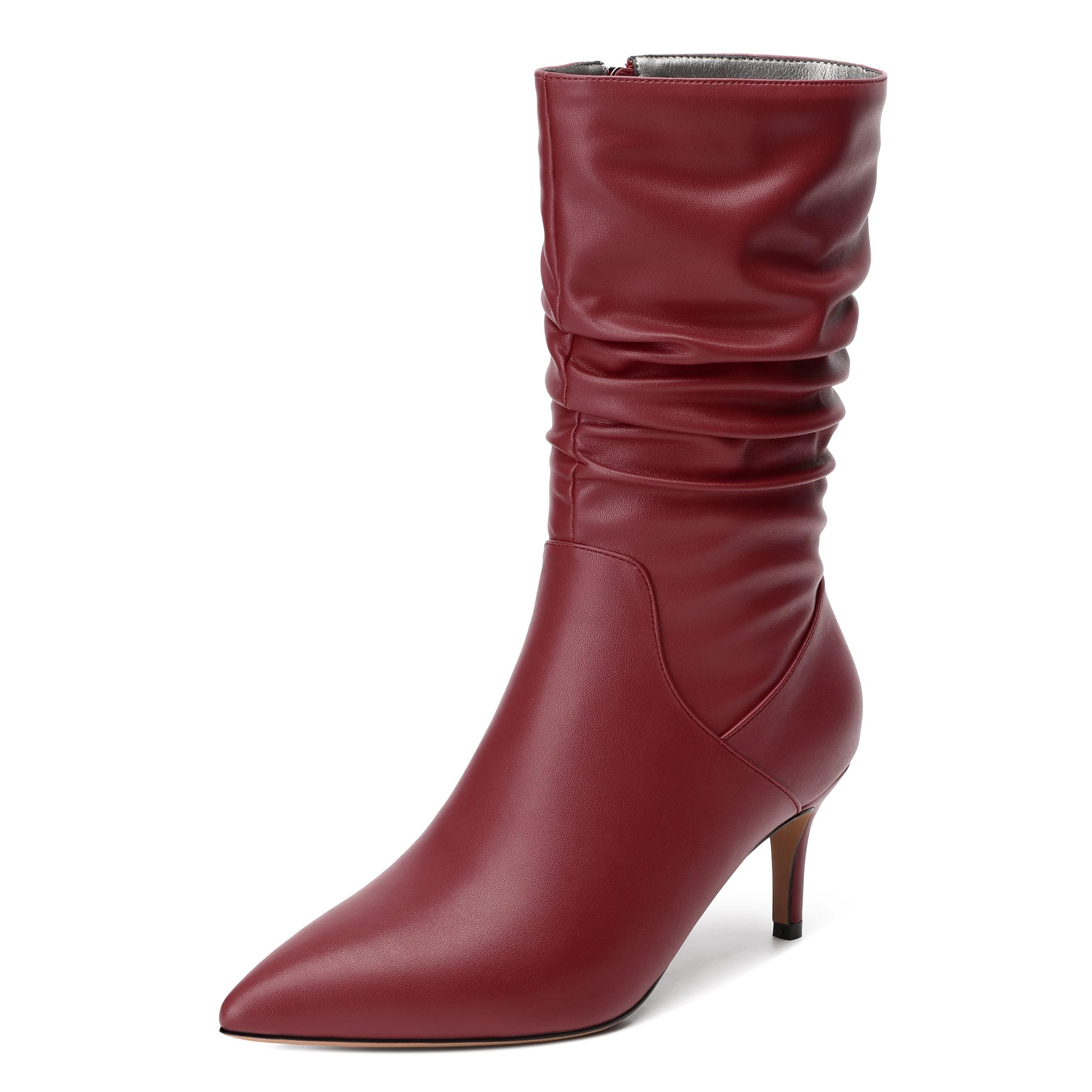 Womens High Heel Mid Calf Slouchy Boots Pointed Toe Zip Fashion Boot Burgundy Matte Size 10
