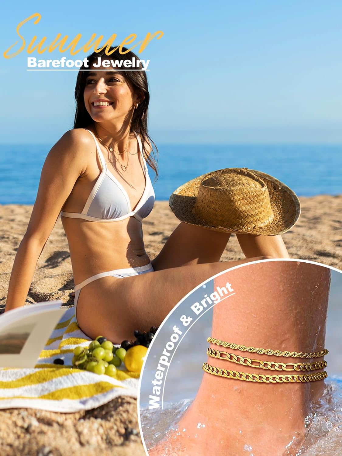U7 2Pcs/3Pcs Ankle Bracelets for Women, Stainless Steel Cuban Link/Figaro/Rope/Heart Chain Anklets Sets,Waterproof Layered Anklets Adjustable 8.5"-10.5"