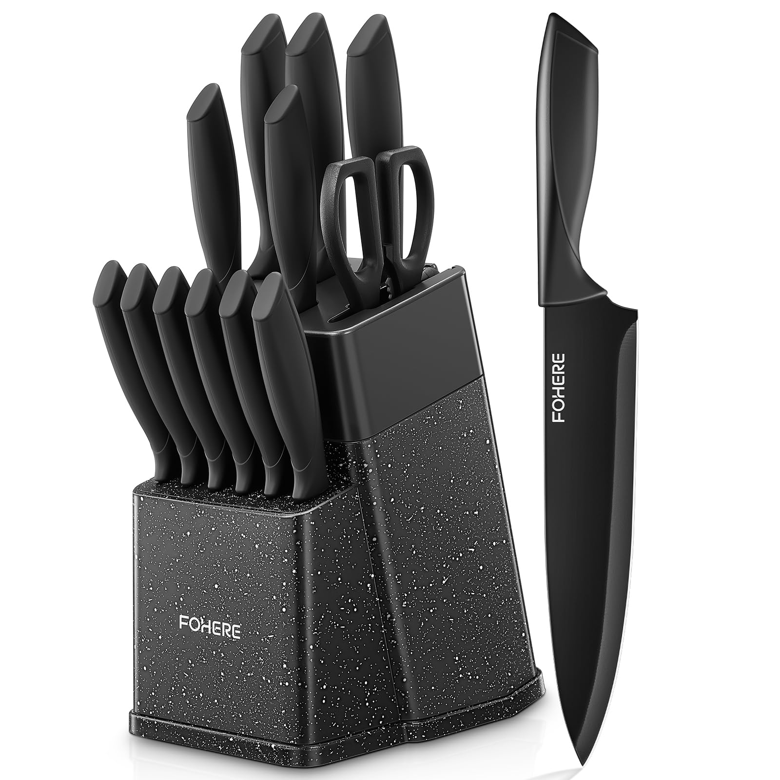FOHERE Bloc de Couteaux,13 Pièces, Couteau Cuisine avec Affûteur Intégré, Acier Inoxydable, Ensemble de Couteaux avec Poignée en PP, avec Bloc Couteaux en Plastique, Granit Noir