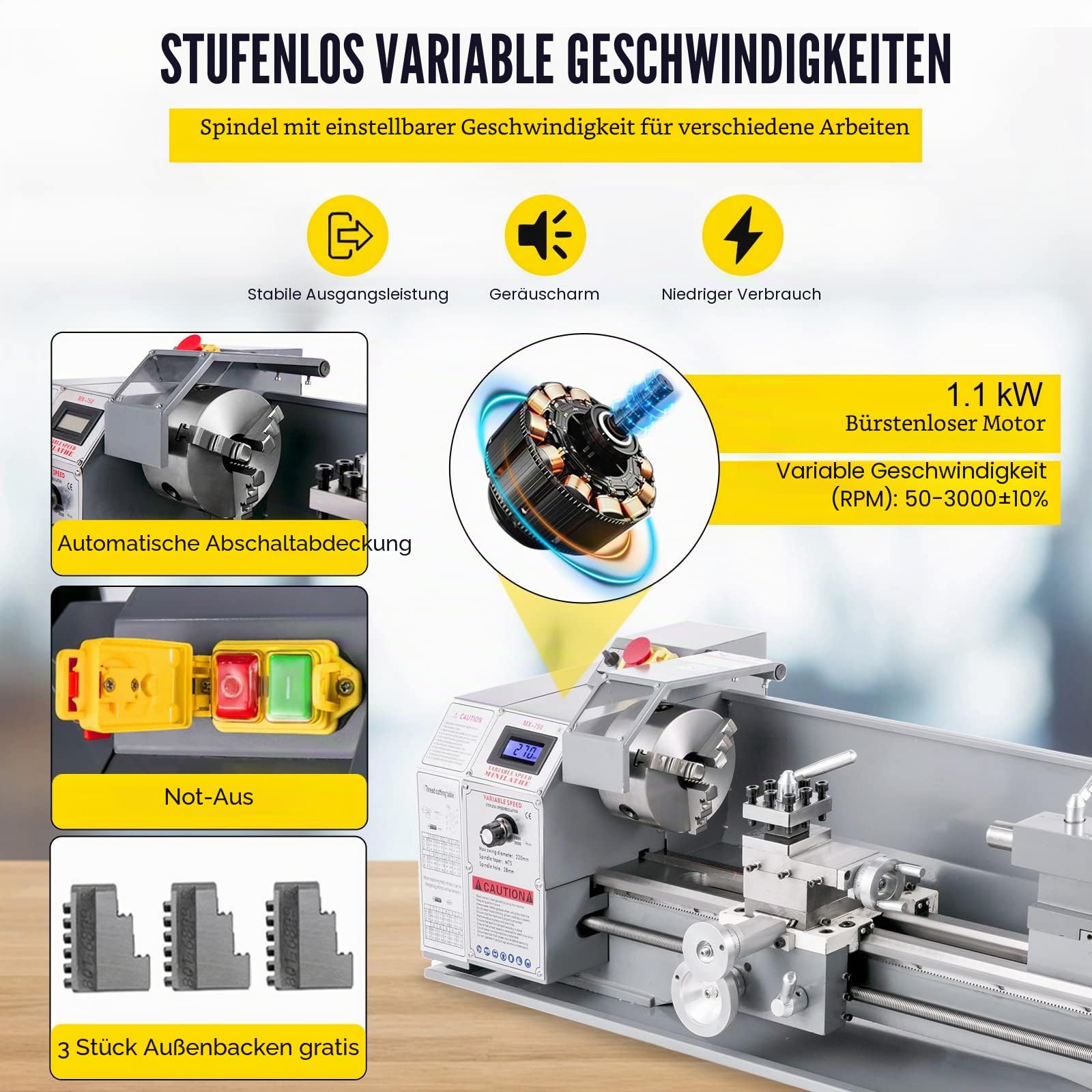 VEVOR Metalldrehmaschinen Mini Drehbank 220x750mm Drehmaschine Metall 750 W Mini Drechselbank für Metallbearbeitung wie Drehen, Bohren, Gewindeschneiden und Schneiden