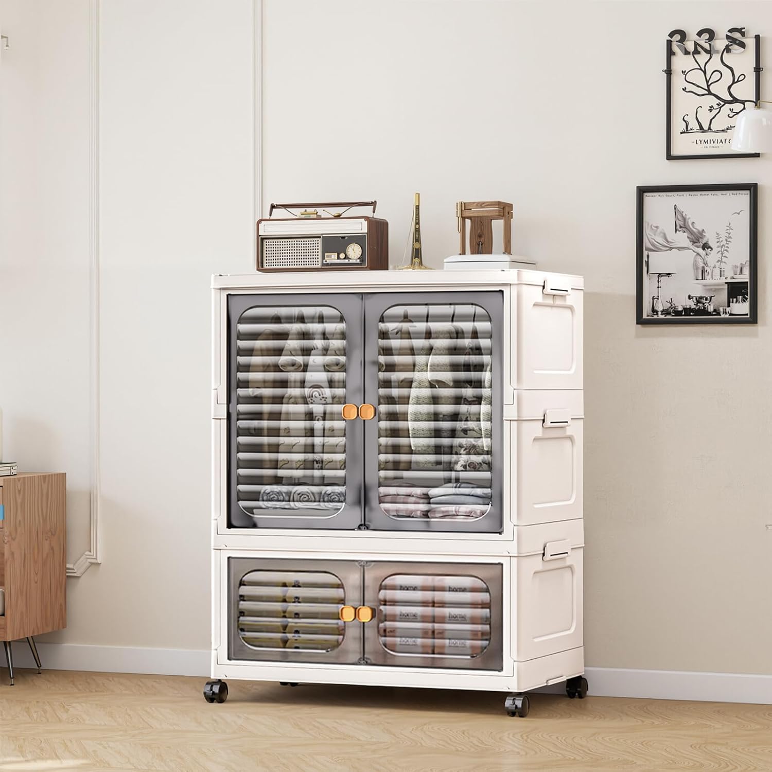 1 Pc Plastic Free Installation Baby Wardrobe Folding Storage Cabinet Multi-Layer Children's Small Wardrobe Household Clothes Storage Box Transparent Gray 60cm Wide Three-Layer with Wheels