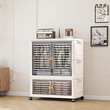 Stackable Storage Bins, Plastic Collapsible Storage Containers with Doors, Wheels And Hanging Rods, Large Lidded Closet Organizers Cabinet for Home Office,23.62 x 13.77 x 31.10, Grey