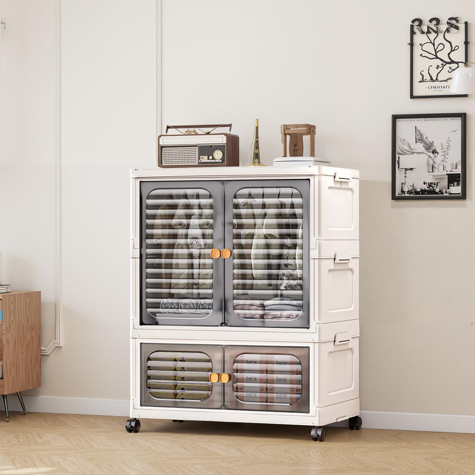 Armoire portable à double portes - Armoire pliante avec roulettes - Boîtes empilables - En plastique - Avec 1 suspension + 1 rangement - 60 x 35 x 79 cm - Blanc