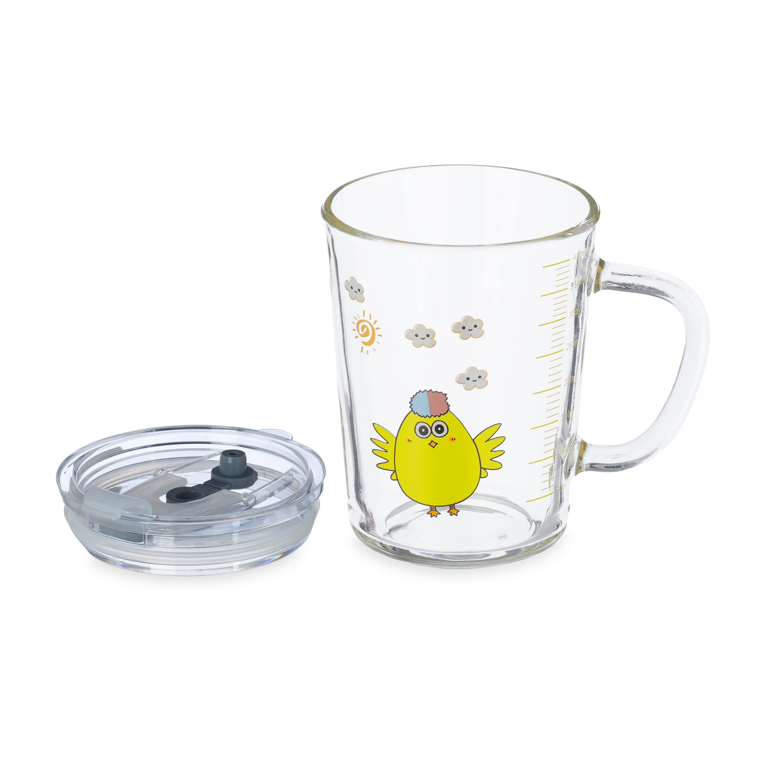 Relaxdays Set da 2 Tazze per Bambini, Vetro, Silicone, ABS, con Cannuccia, Manico e Tappo, 400 ml, Pulcino, Trasparente