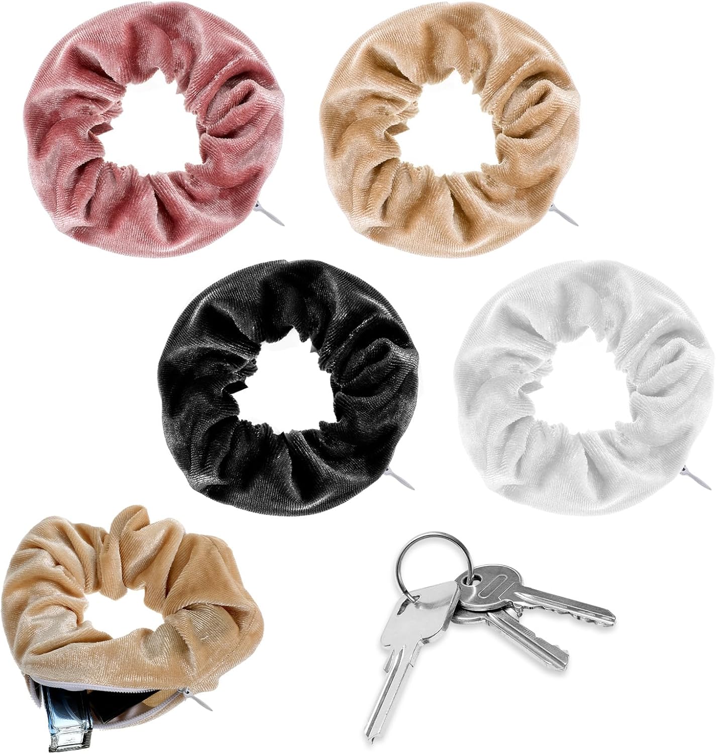Nogeqi Pack of 4 Women’s Hair Bobbles with Zip, Soft Scrunchie with Zip Pocket, Cable Elastic, Travel Gadgets for Money, Jewellery, Travel in Black, White, Beige, Light Pink