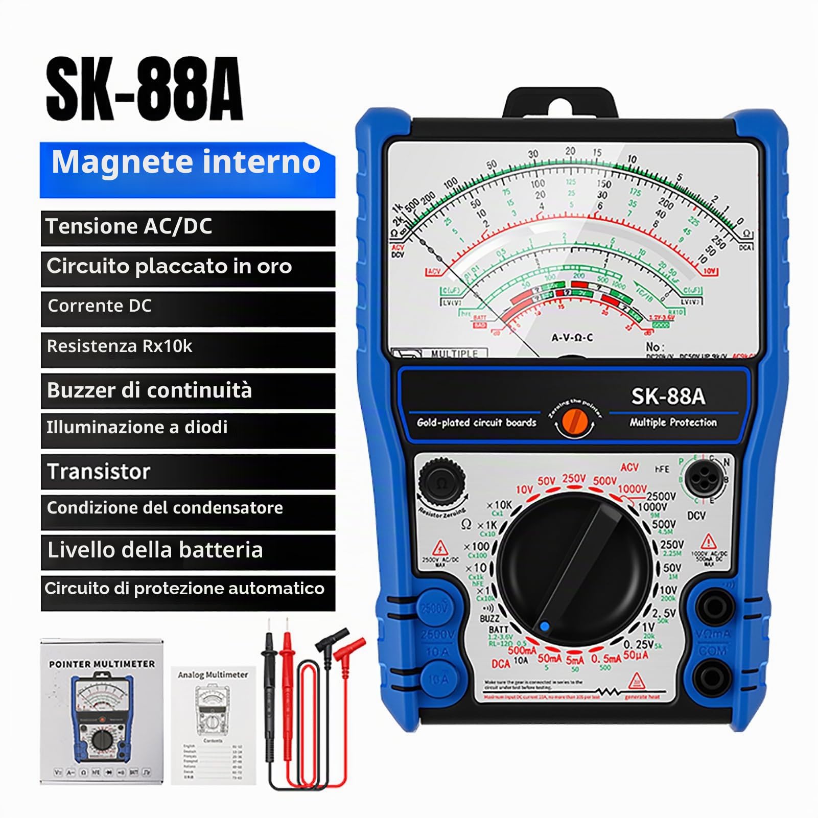 Cocoarm SK88A Multimetro Analogico, Tester con Custodia in Silicone, Supporto e Magnete per Riparazioni Elettrodomestici, Manutenzione Elettrica, Ricerca Scientifica, Lavori Elettrici (SK-88A)