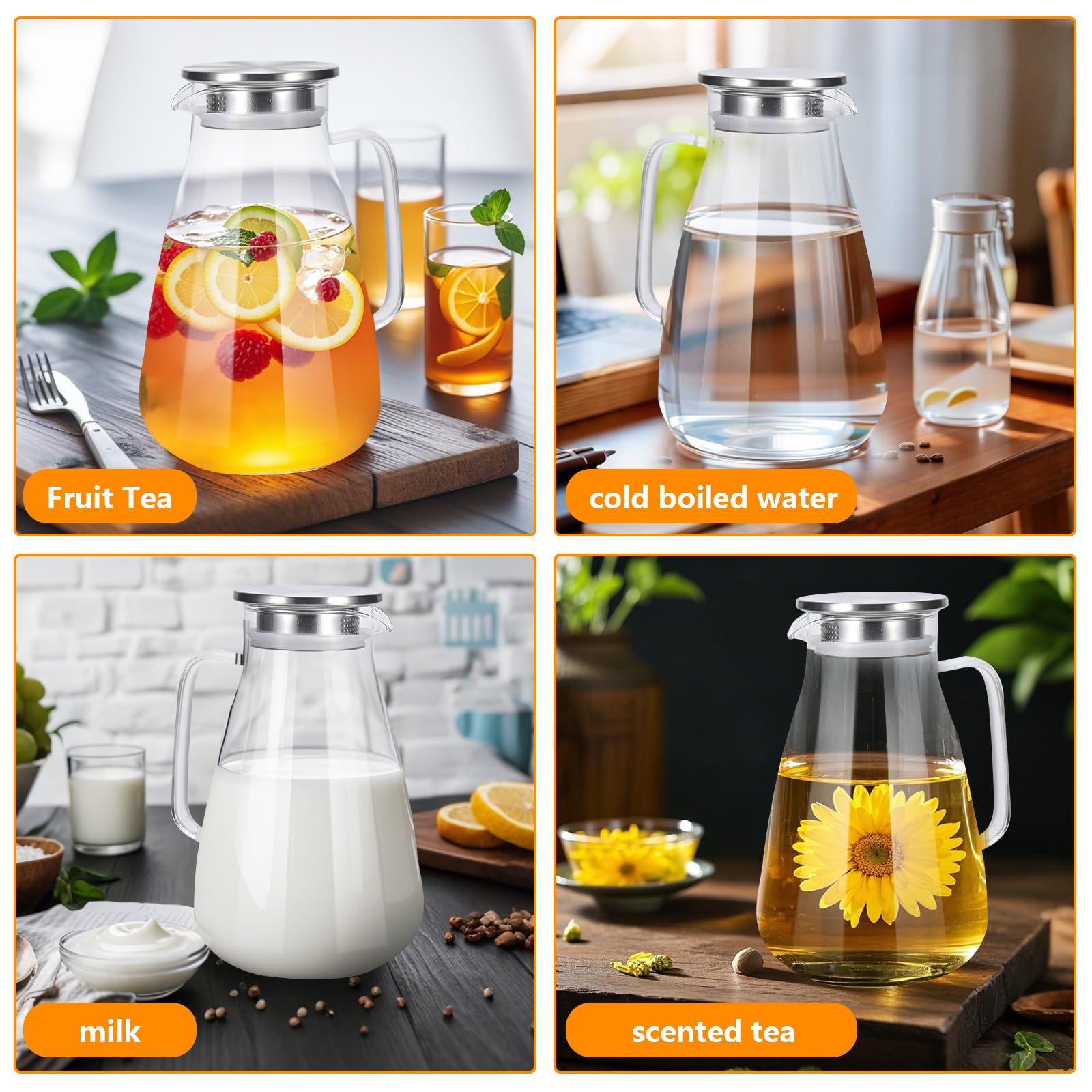 Caraffa in vetro da 2,2 litri, bollitore trasparente impermeabile con coperchio in acciaio inossidabile, bollitore sigillato e a prova di perdite, adatto per tè freddo, tè caldo, succo