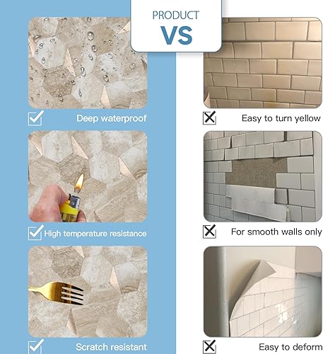 Miniatura 6 de Azulejos hexagonales para salpicaduras para despegar y pegar, 12 x 10.4 pulgadas, azulejos de pared de PVC 3D de metal mixto blanco puro para cocina