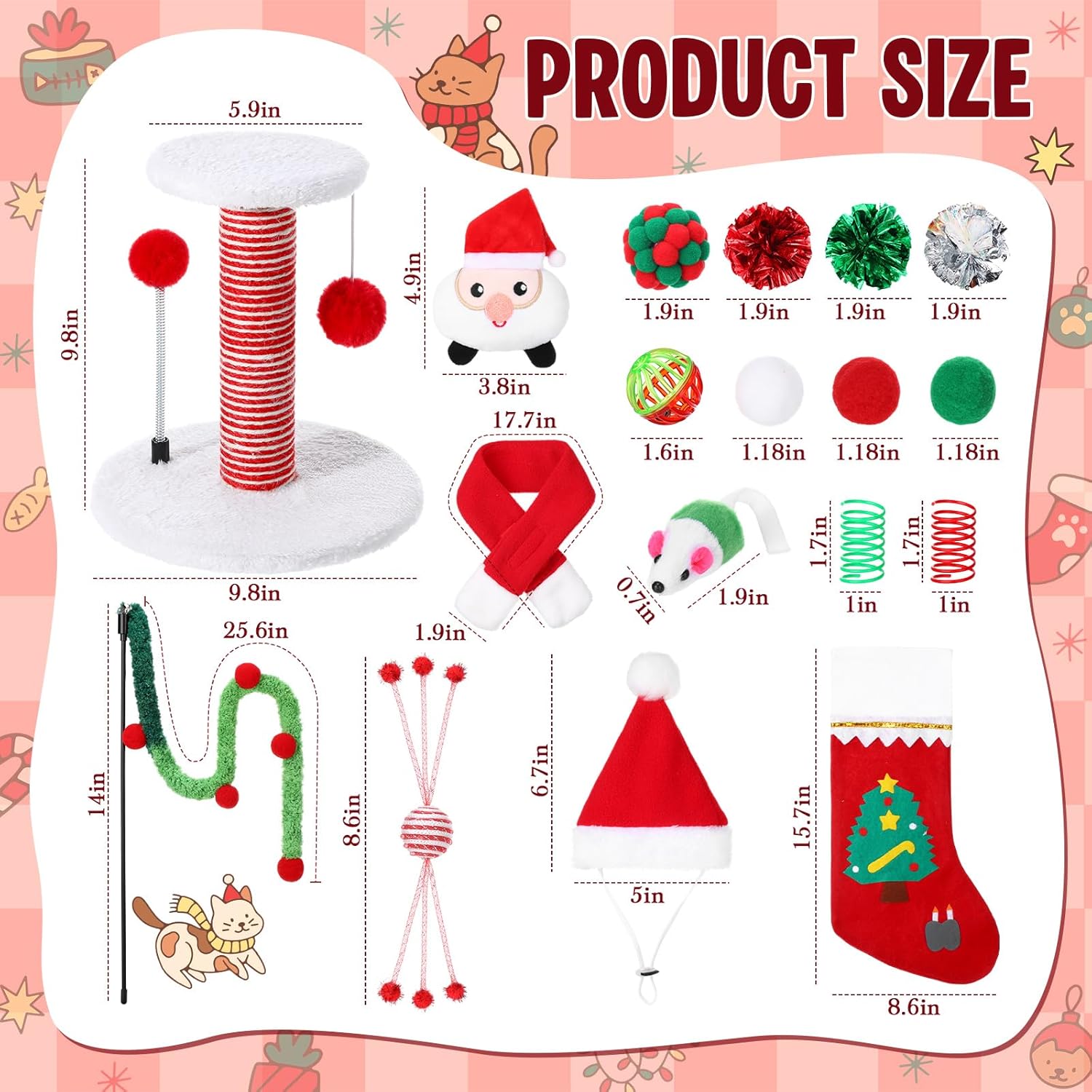 28 Pack Christmas Cat Toys Set Kitten Scratching Post Interactive Cats Spring Ball Toy Santa Hat Scarf Mouse Xmas Stocking Bag Gift for Cat Lovers Indoor Kittens Photo Props