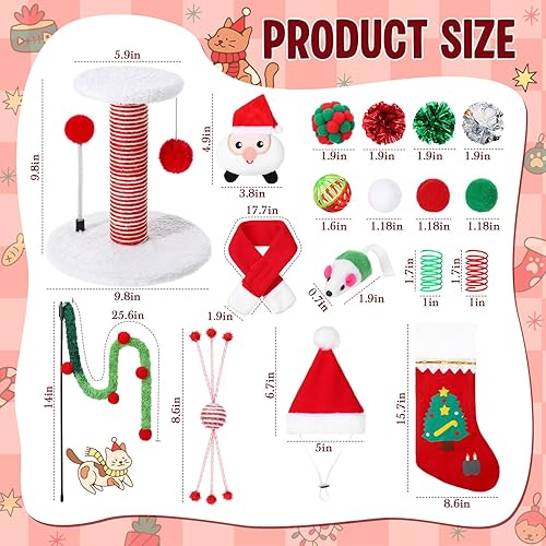Miniatura 2 de Paquete de 28 juguetes de Navidad para gatos, poste rascador interactivo para gatos, juguete de bola de primavera, sombrero de Papá Noel, bufanda,