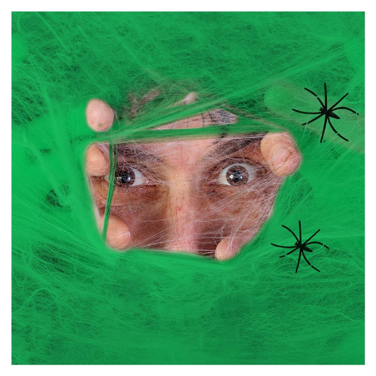Komonee 3 x Spiderweb Halloween Stretchy Fake Spider Cob Web with Spiders Indoor Outdoor Garden Haunted House Party Decoration Green — image 1