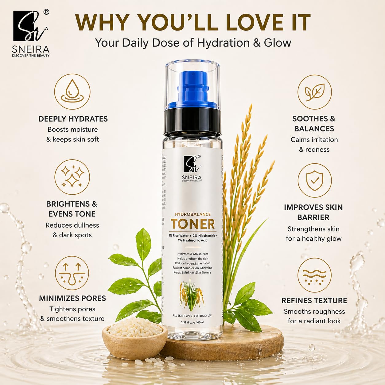 Hydrobalance Face Toner - 300ml Hydrating Face Mist with 3% Rice Water, 2% Niacinamide & 1% Hyaluronic Acid for Glowing Skin - Daily Facial Toner for Men & Women