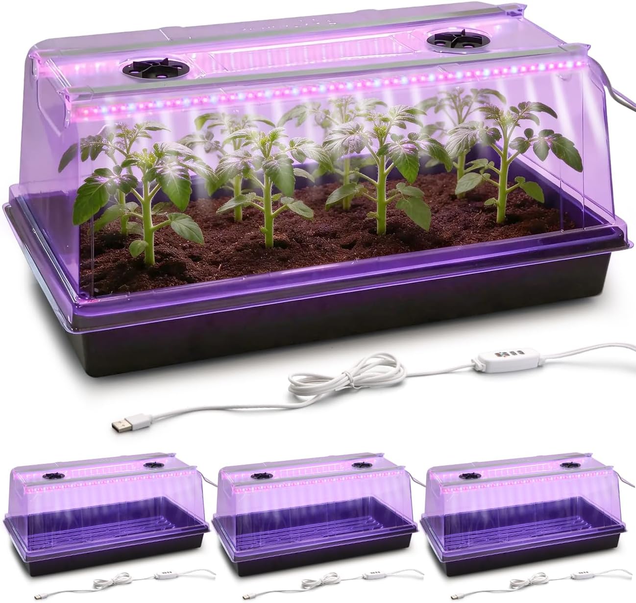 1020 Trays with Tall 7.3'' Dome, 10-Pack Extra Large Seed Starter Tray with Humidity Domes, Heavy Duty 1020 Seed Trays and Flats with Lid, Seed Germination Mini Greenhouse No Hole for Balcony Garden
