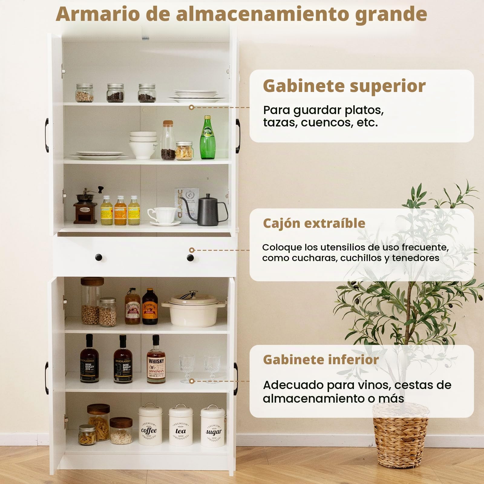 KOMFOTTEU Aparador de Cocina Alto, Armario Buffet con 4 Puertas, Cajón y 3 Estantes Ajustables en 5 Posiciones, Alacena de Almacenamiento con Dispositivo Antivuelco, 77 x 39 x 183 cm, Blanco