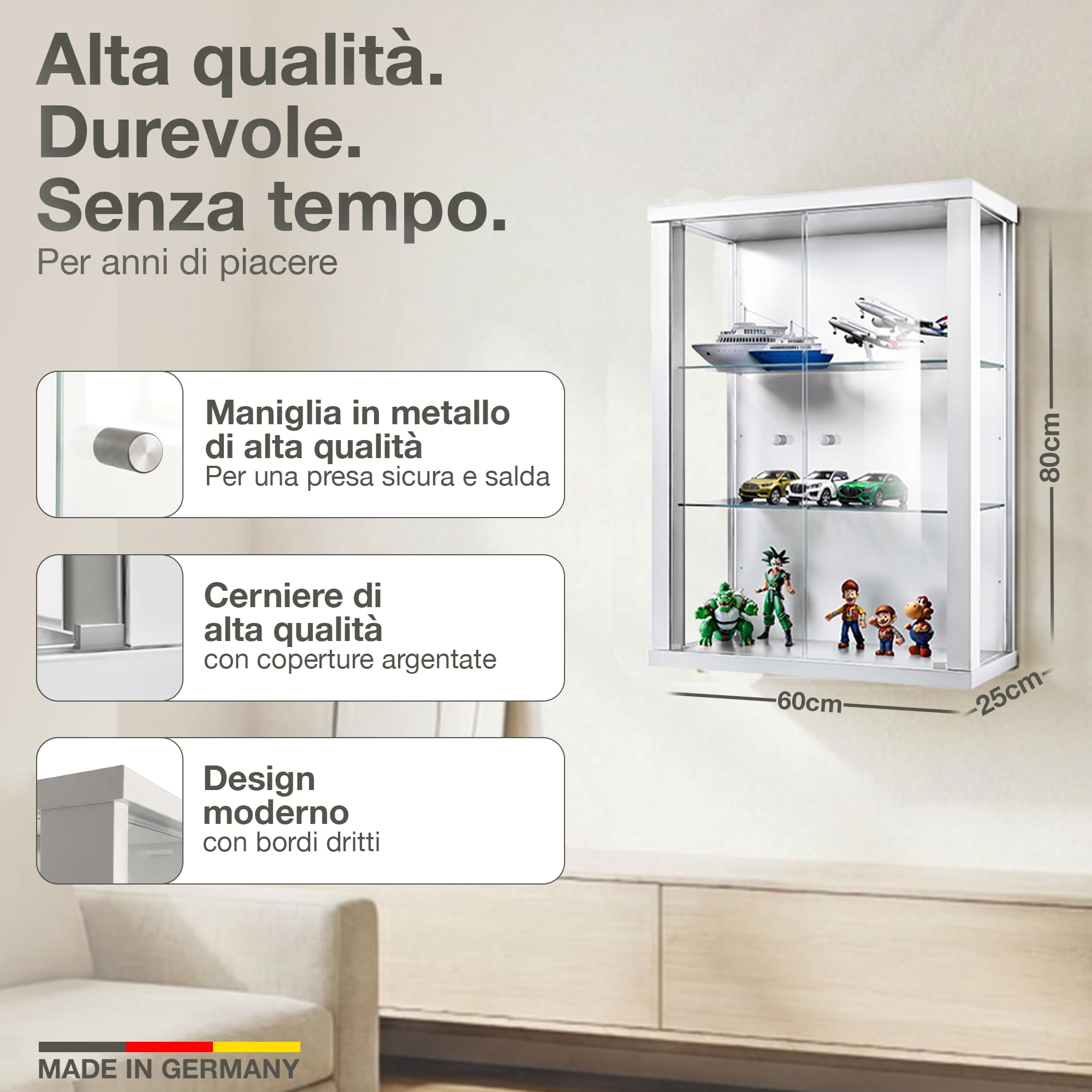 Vetrina in vetro bianco (80x60x25 cm) con 2 ripiani in vetro regolabili in altezza - Vetrina per modellini di auto bianco - Vetrina per collezionisti