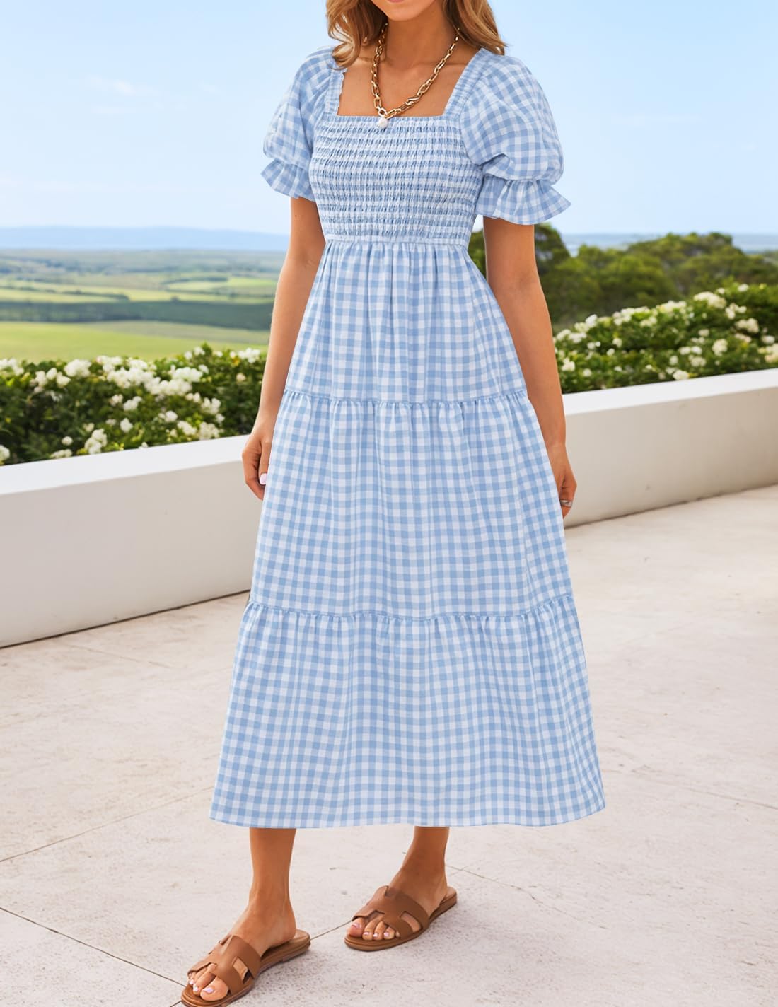 ZESICA Women's 2026 Bohemian Summer Plaid Square Neck Puff Sleeve Ruffle Flowy Beach Midi Dress - Image 2