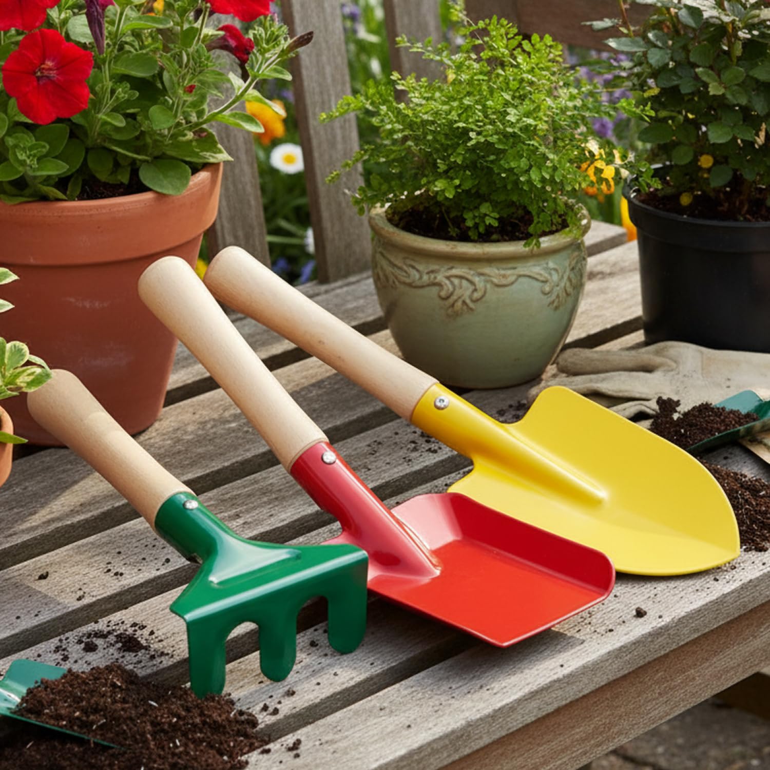 set 6 attrezzi giardino, mini attrezzi balcone terrazza, utensili per piantare con paletta cazzuola rastrello, accessori vasi aiuole (6 pezzi)